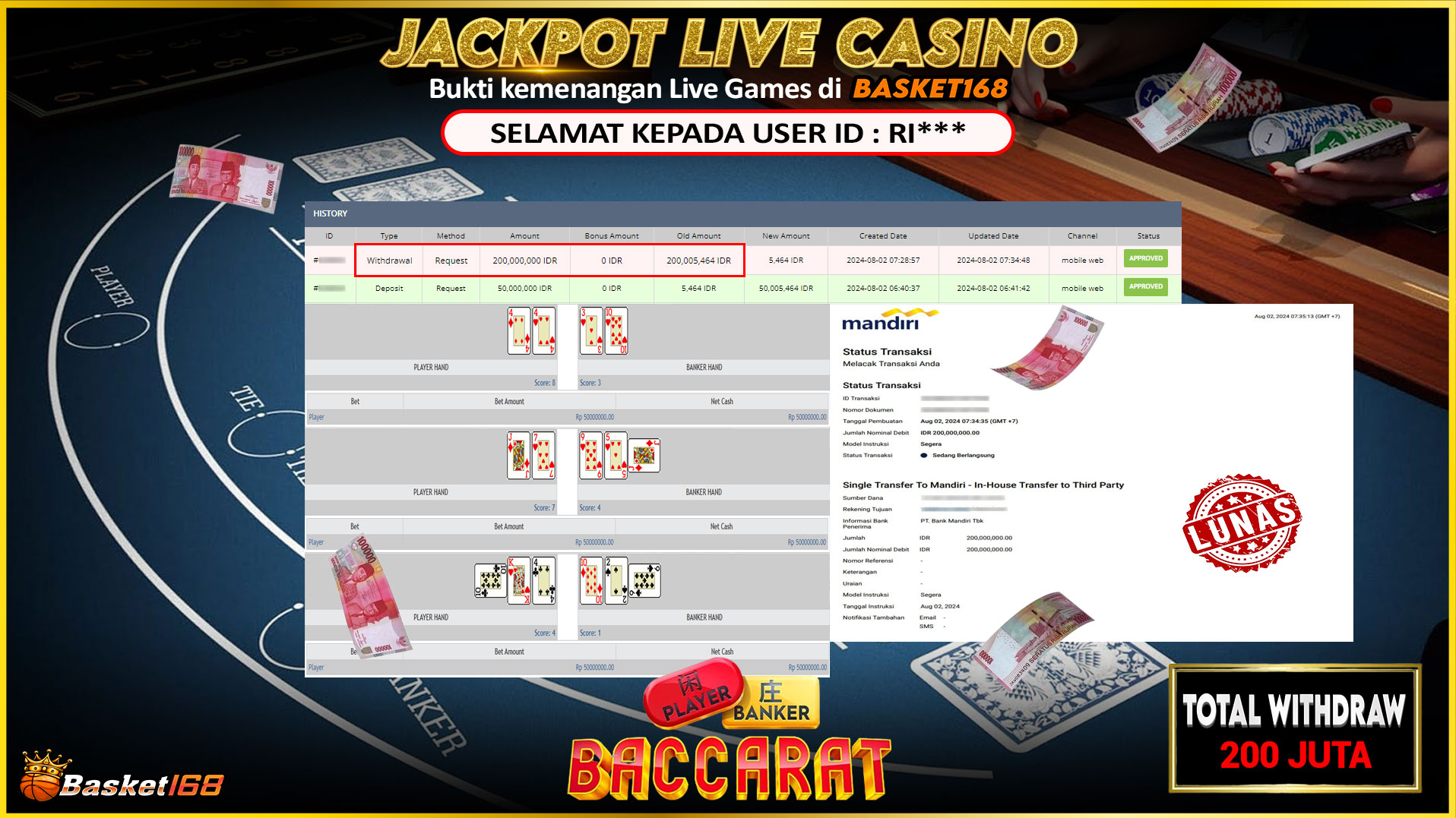 BASKET168 JACKPOT LIVE GAMES BACCARAT Rp.200.000.000.,- LUNAS