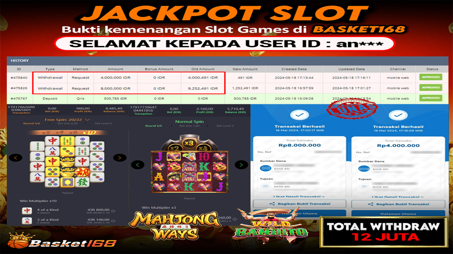 BASKET168 JACKPOT SLOT MAHJONG WAYS Rp.12.000.000.,- LUNAS