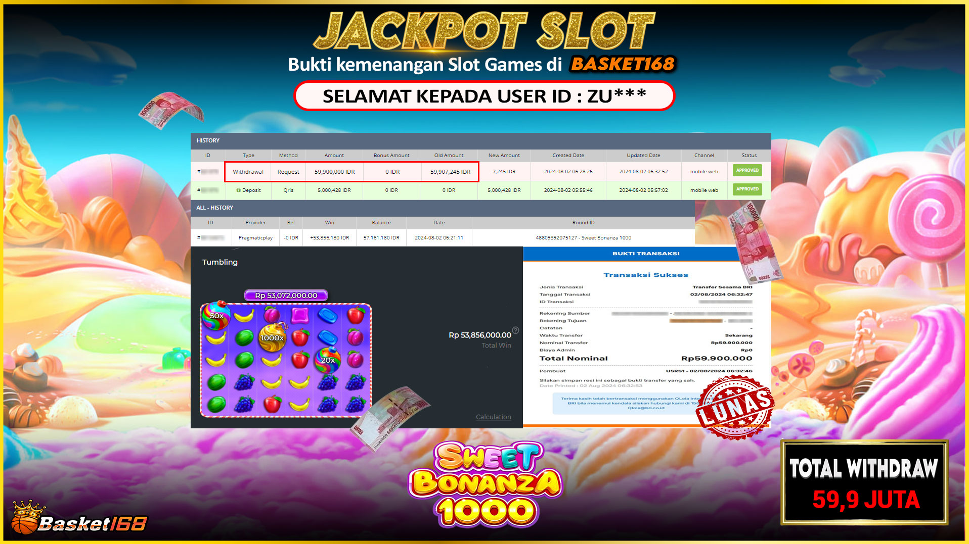 BASKET168 JACKPOT SLOT SWEET BONANZA 1000 Rp.59.900.000.,- LUNAS