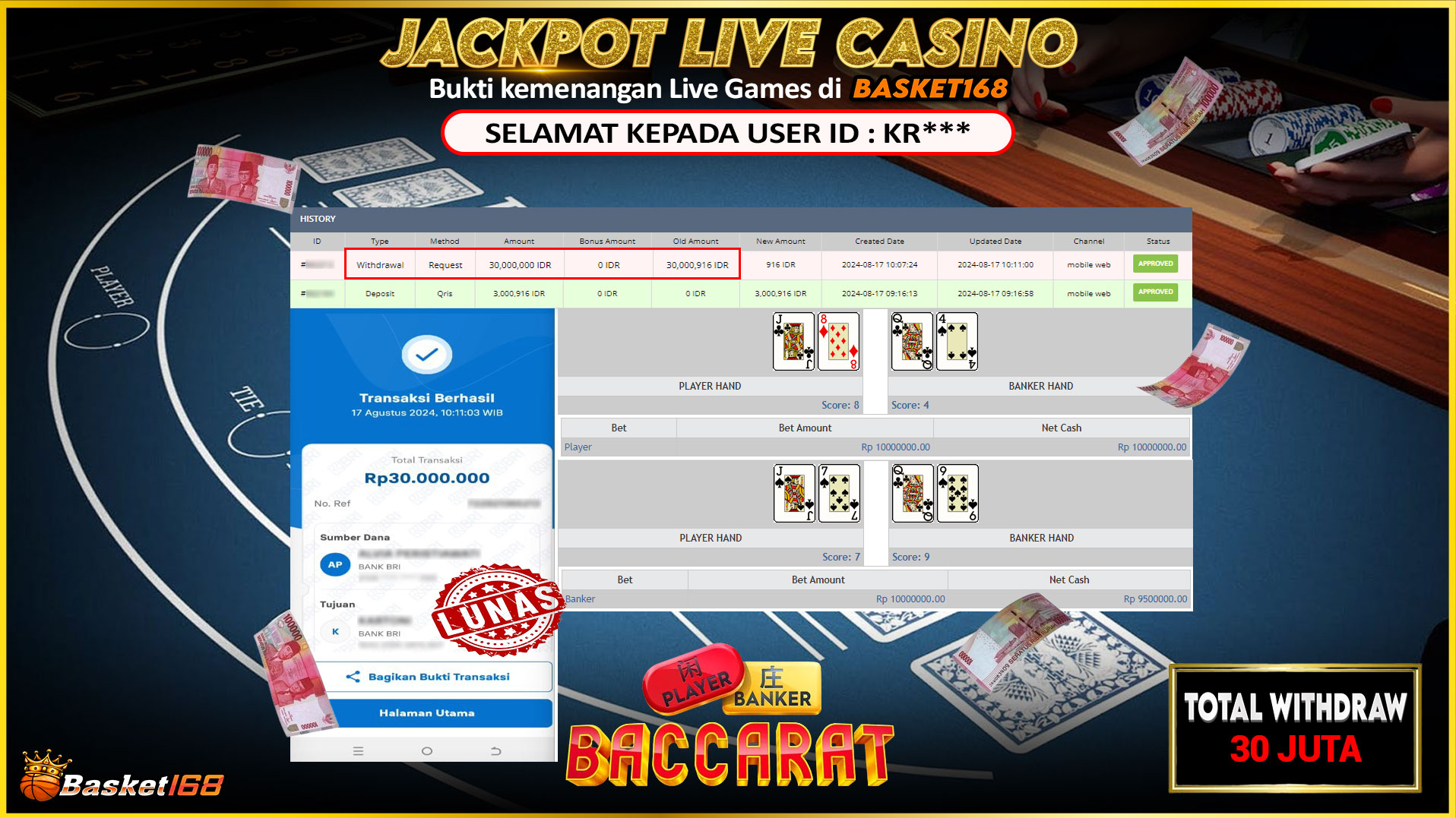 BASKET168 JACKPOT LIVE GAMES BACCARAT Rp.30.000.000.,- LUNAS