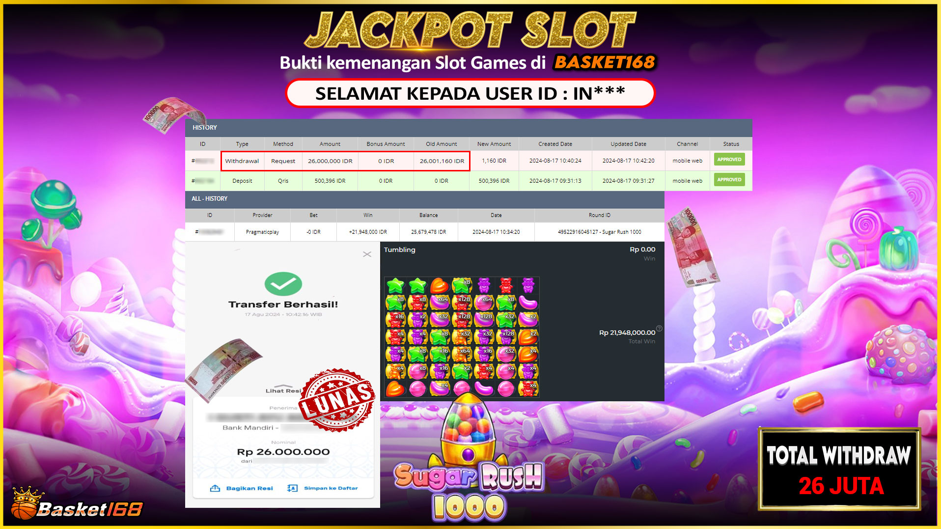 BASKET168 JACKPOT SLOT SUGAR RUSH 1000 Rp.26.000.000.,- LUNAS