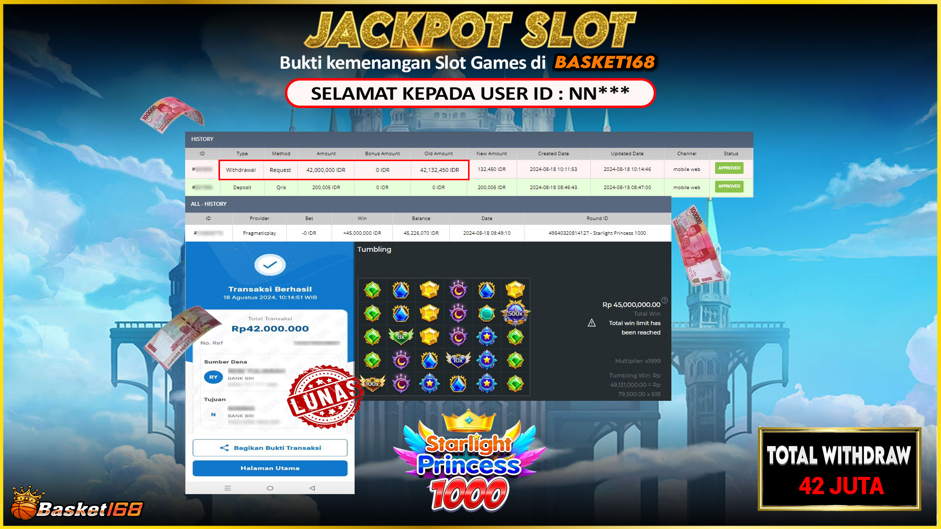 BASKET168 JACKPOT SLOT STARLIGHT PRINCESS 1000 Rp.42.000.000.,- LUNAS