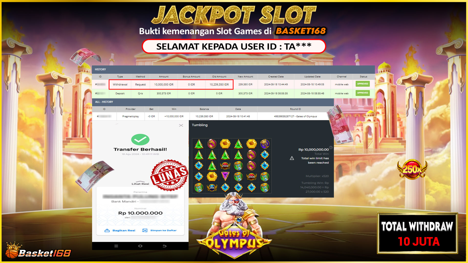 BASKET168 JACKPOT SLOT GATES OF OLYMPUS Rp.10.000.000.,- LUNAS