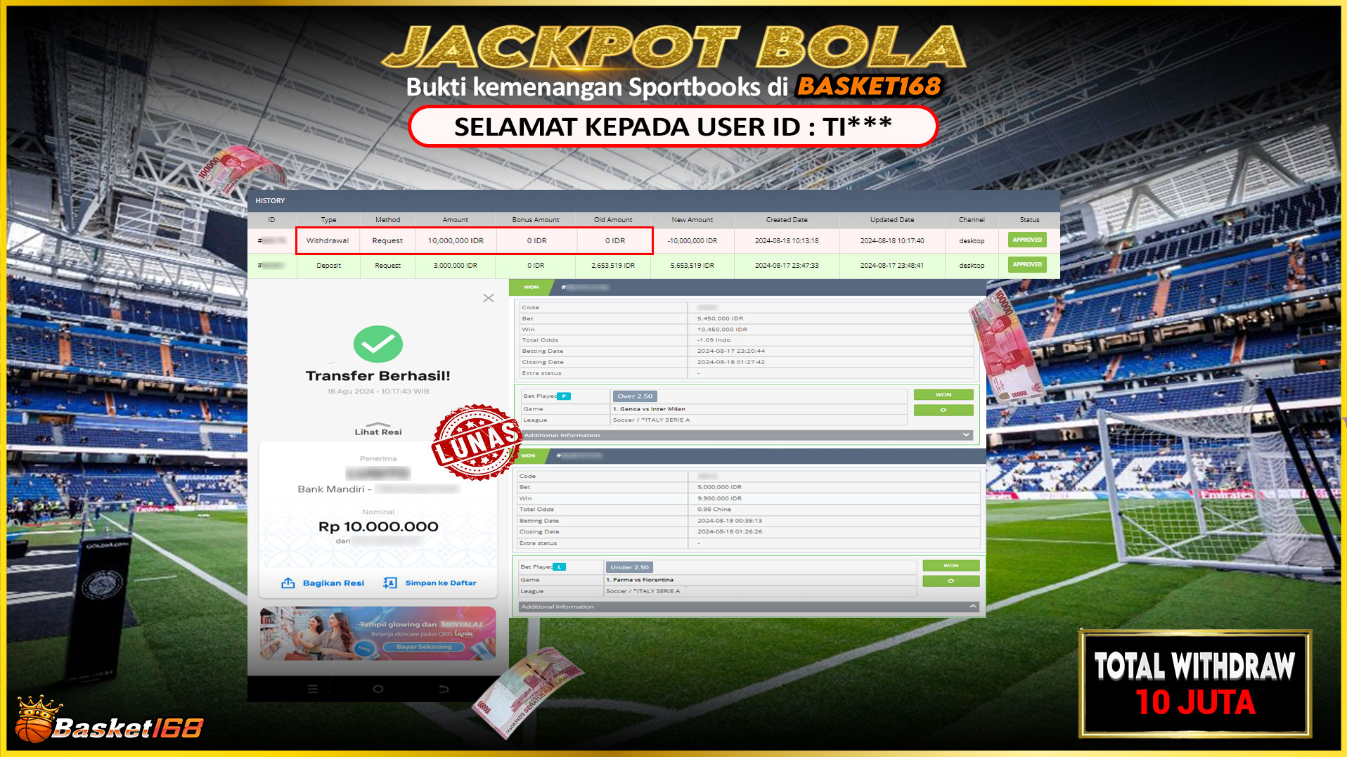 BASKET168 JACKPOT BOLA Rp.10.000.000.,- LUNAS
