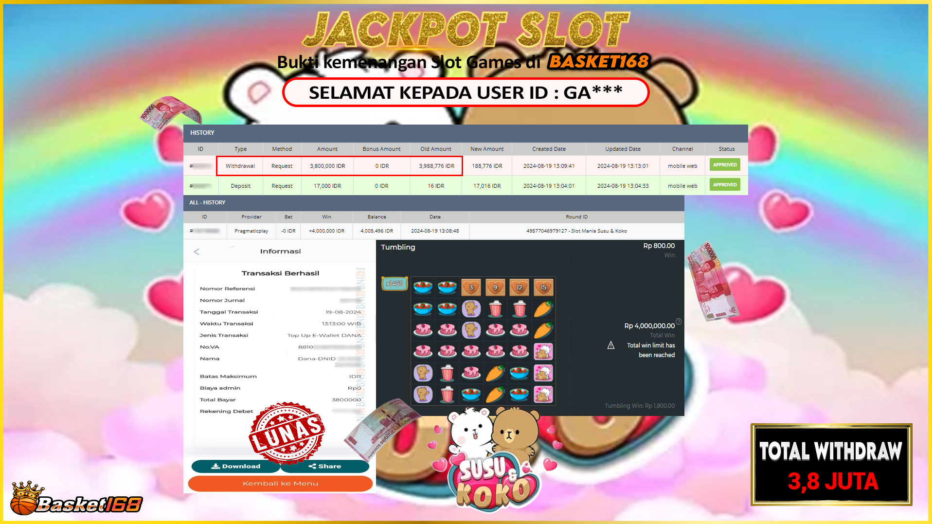 BASKET168 JACKPOT SLOT SUSU & KOKO Rp.3.800.000.,- LUNAS