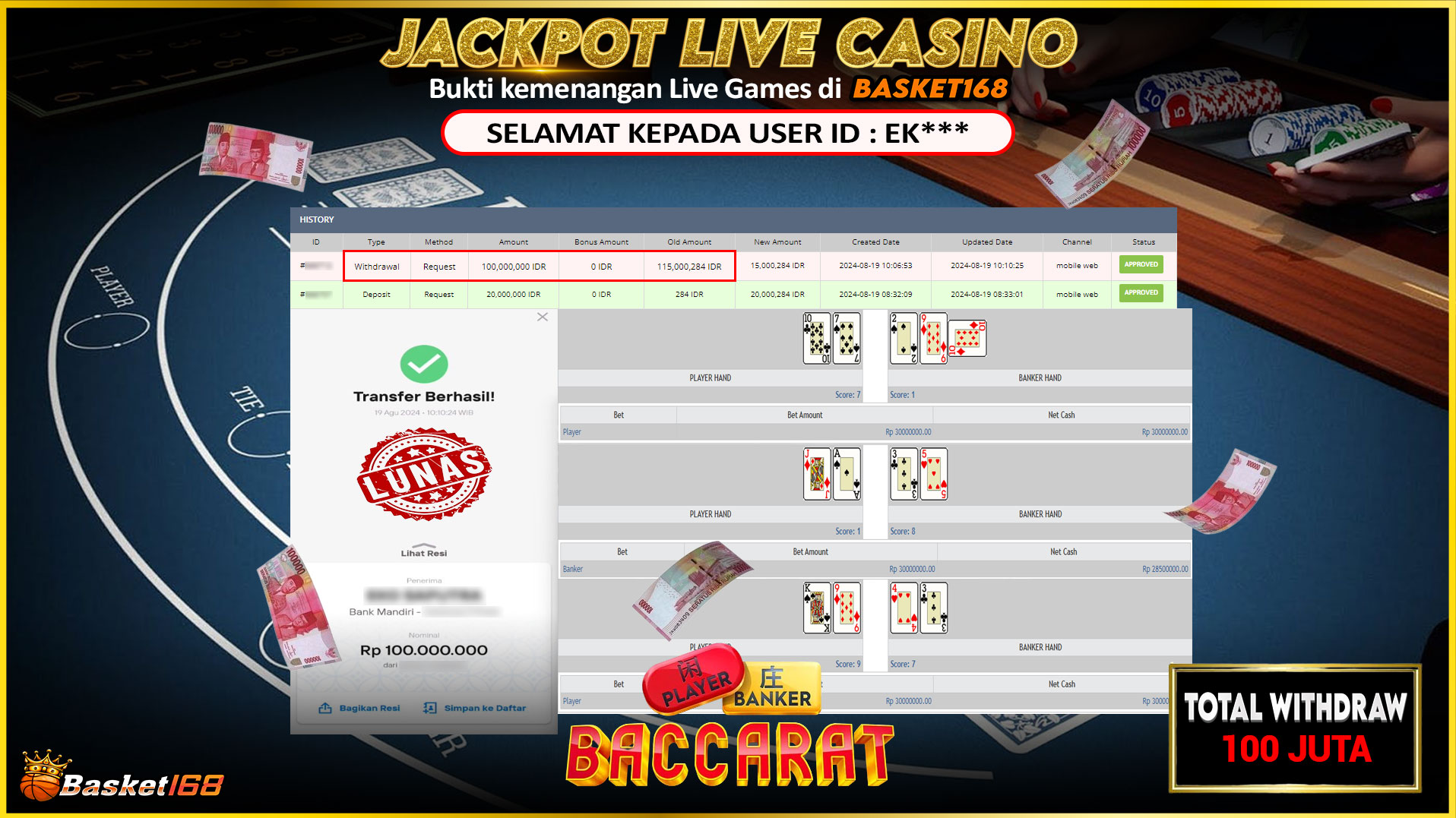 BASKET168 JACKPOT LIVE GAMES BACCARAT Rp.100.000.000.,- LUNAS