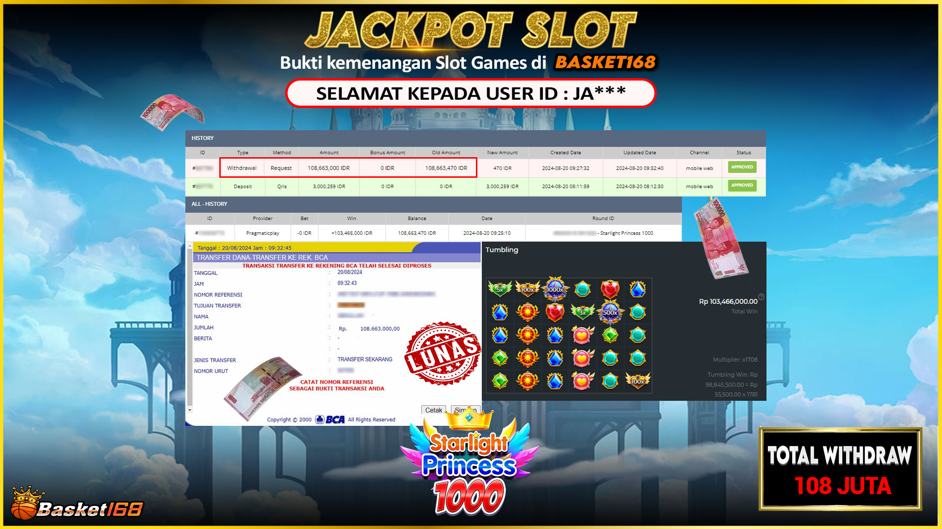 BASKET168 JACKPOT SLOT STARLIGHT PRINCESS 1000 Rp.108.663.000.,- LUNAS