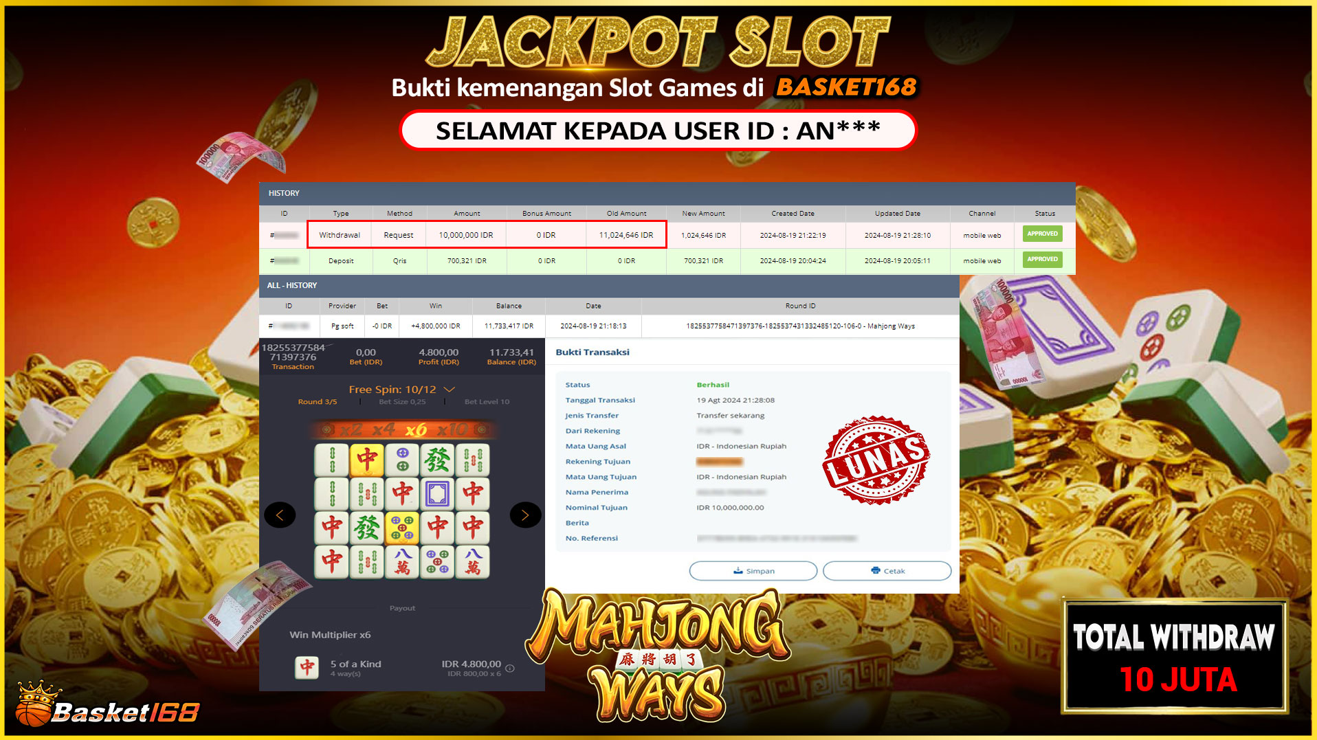 BASKET168 JACKPOT SLOT MAHJONG WAYS Rp.10.000.000.,- LUNAS