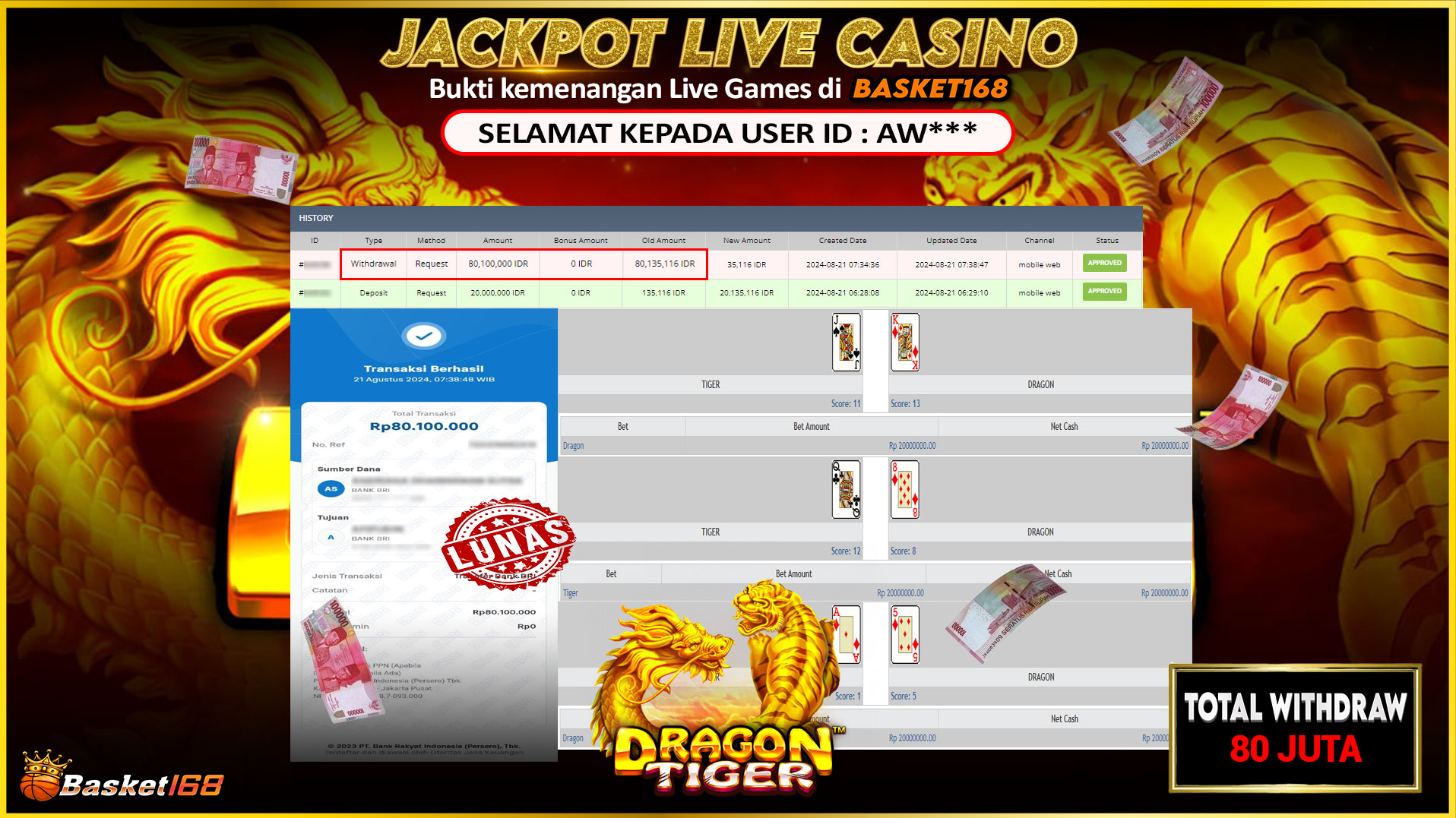 BASKET168 JACKPOT LIVE GAMES DRAGON TIGER Rp.80.100.000.,- LUNAS