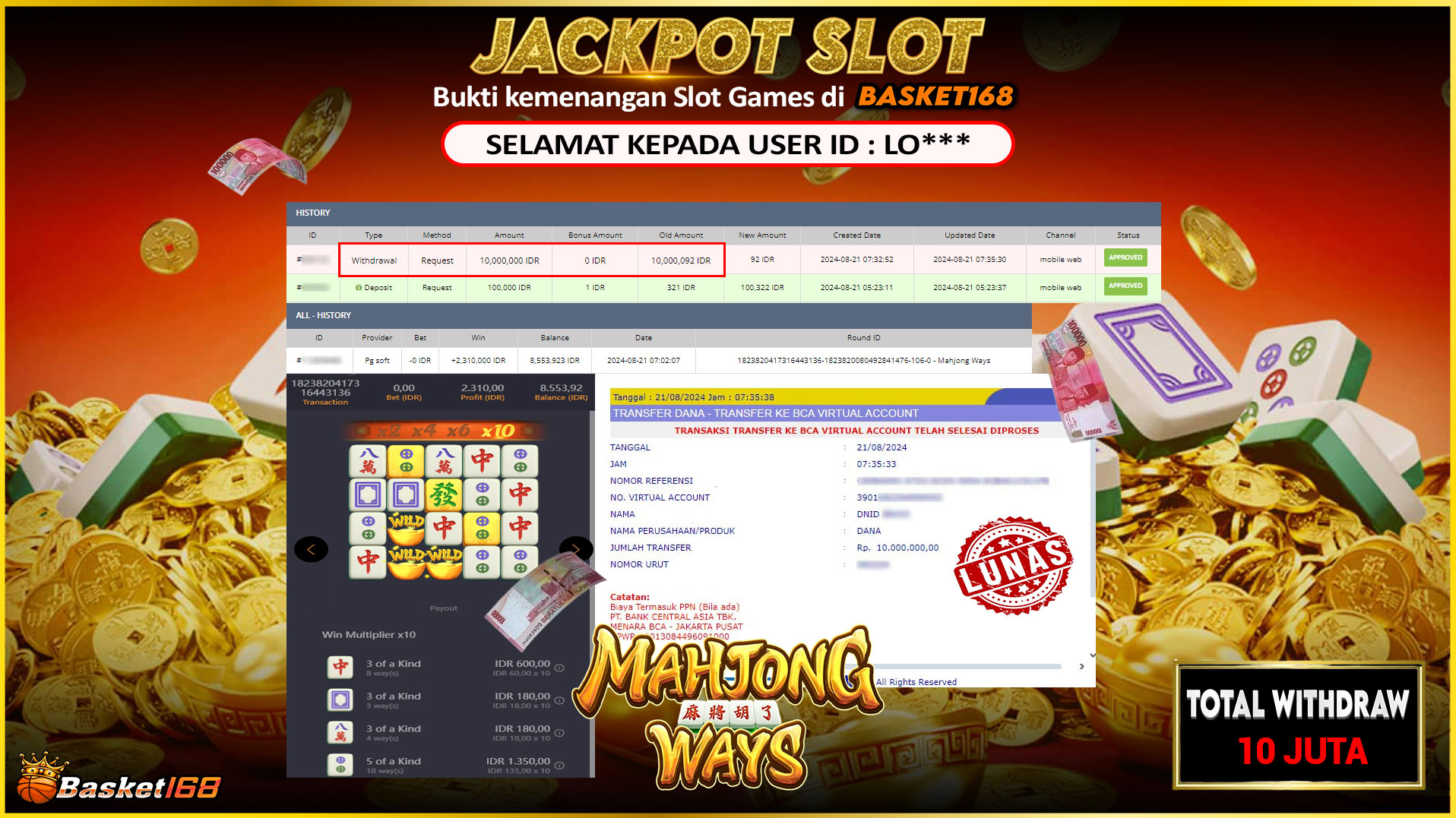 BASKET168 JACKPOT SLOT MAHJONG WAYS Rp.10.000.000.,- LUNAS