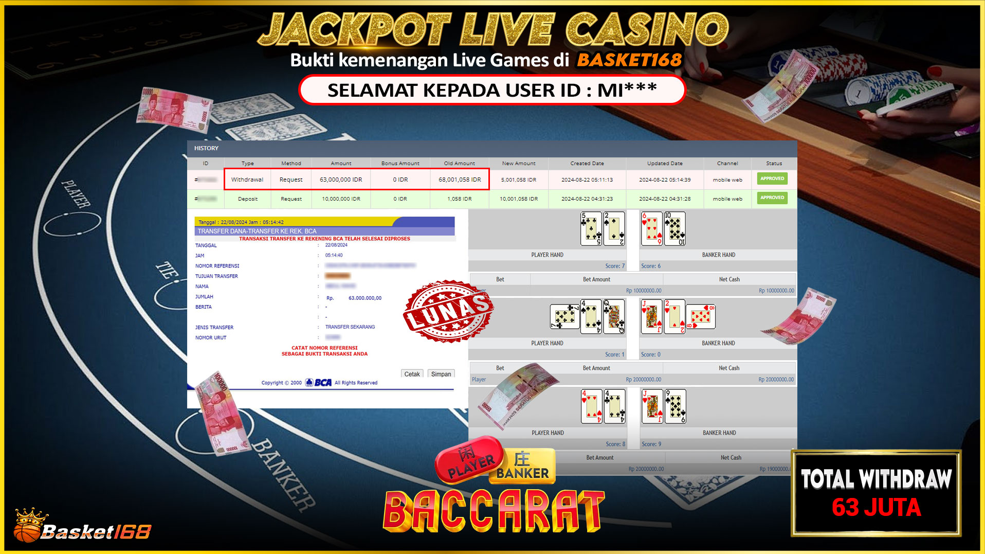 BASKET168 JACKPOT LIVE GAMES BACCARAT Rp.63.000.000.,- LUNAS