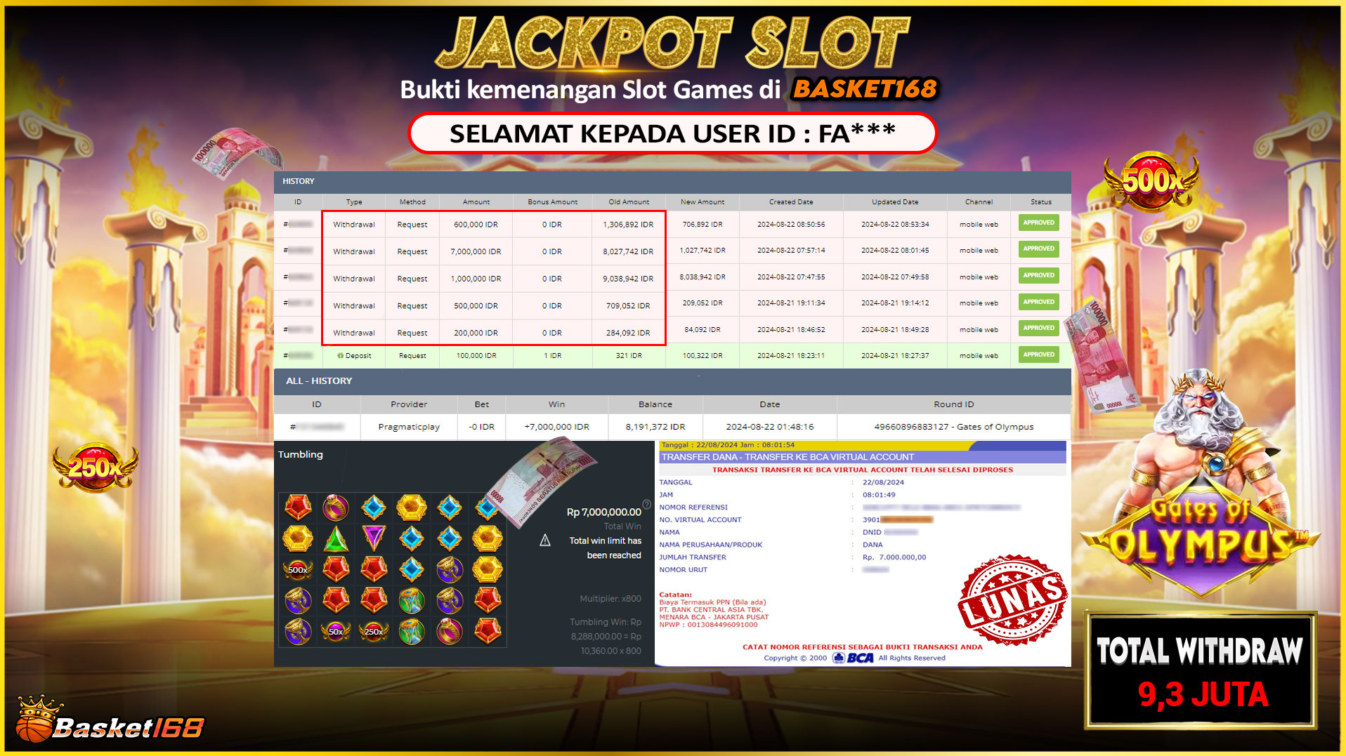 BASKET168 JACKPOT SLOT GATES OF OLYMPUS Rp.9.300.000.,- LUNAS