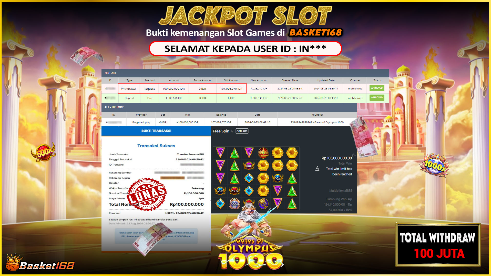 BASKET168 JACKPOT SLOT GATES OF OLYMPUS 1000 Rp.100.000.000.,- LUNAS