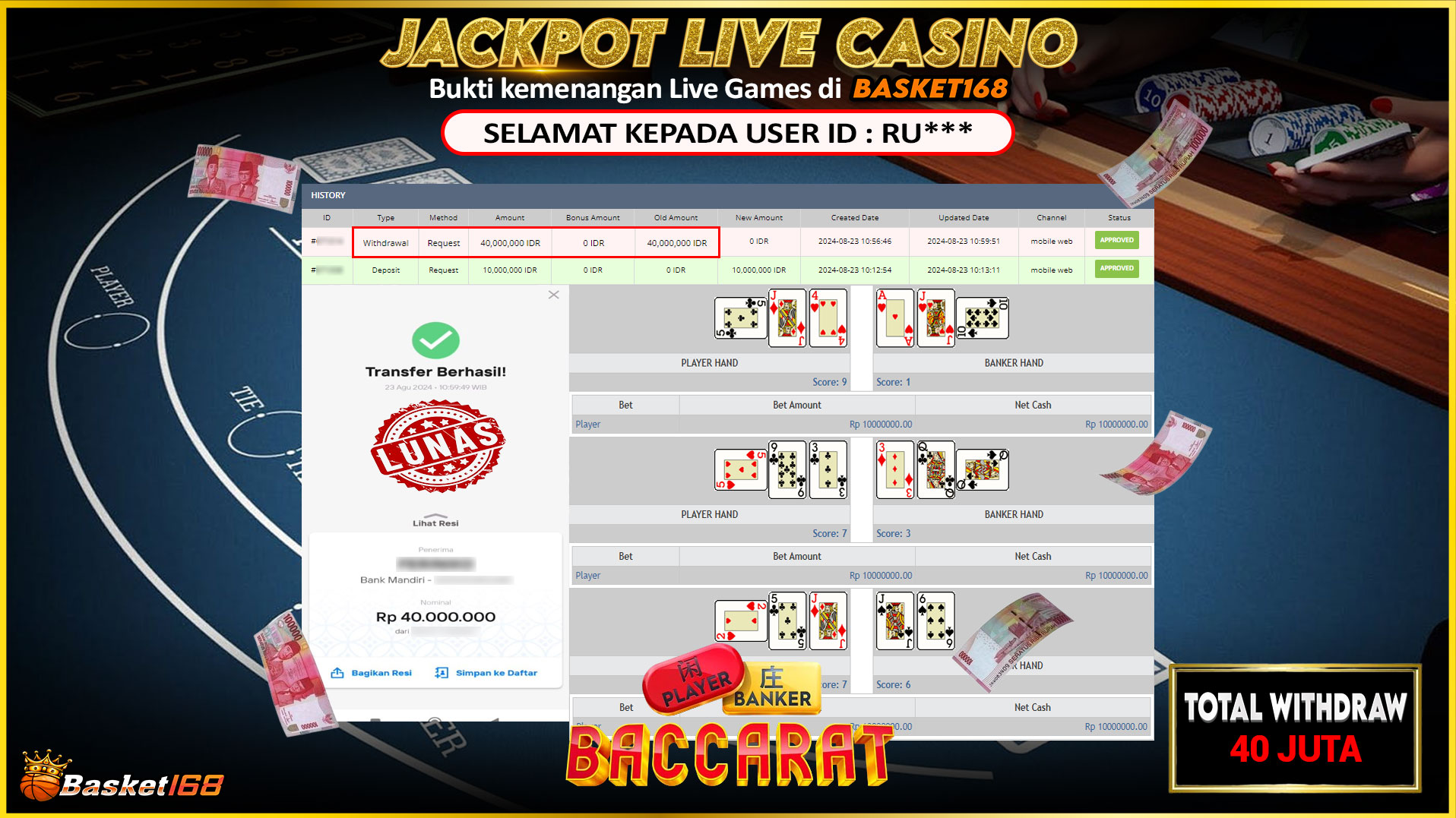 BASKET168 JACKPOT LIVE GAMES BACCARAT Rp.40.000.000.,- LUNAS