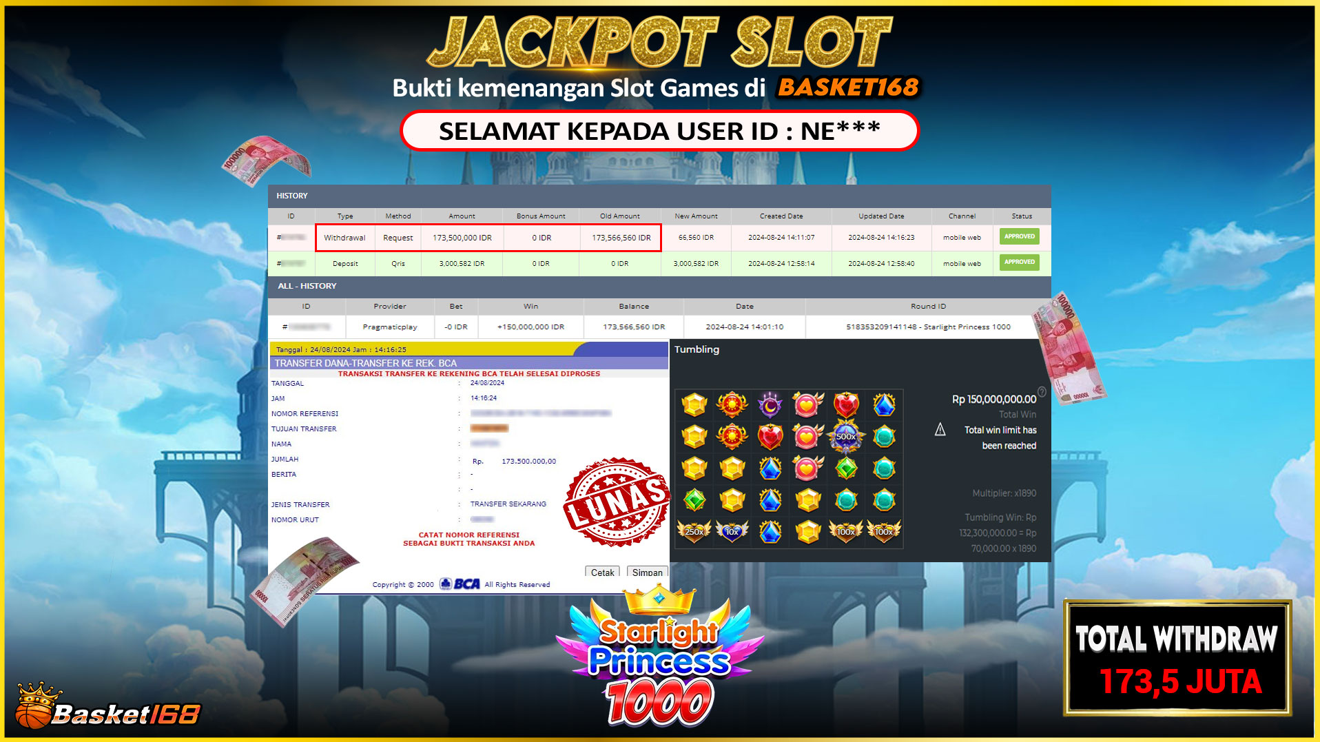 BASKET168 JACKPOT SLOT STARLIGHT PRINCESS 1000 Rp.173.500.000.,- LUNAS