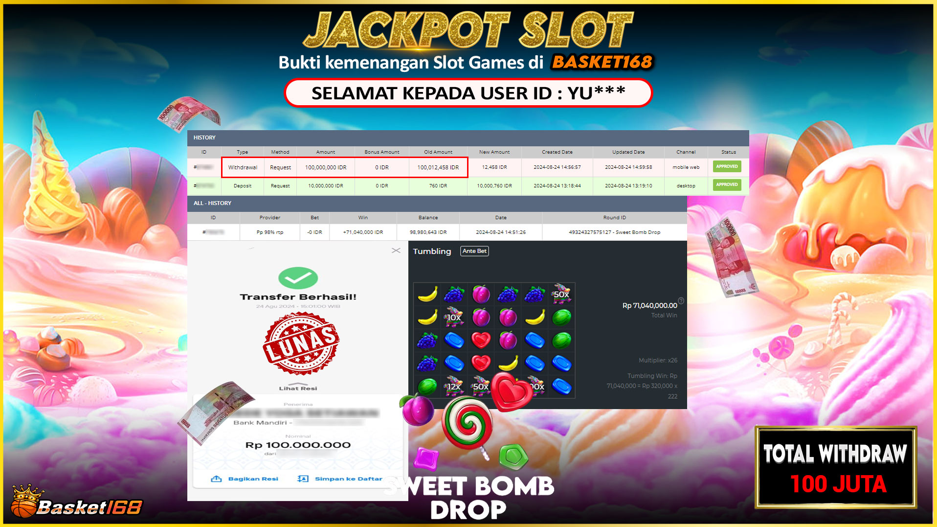 BASKET168 JACKPOT SLOT SWEET BOMB DROP Rp.100.000.000.,- LUNAS