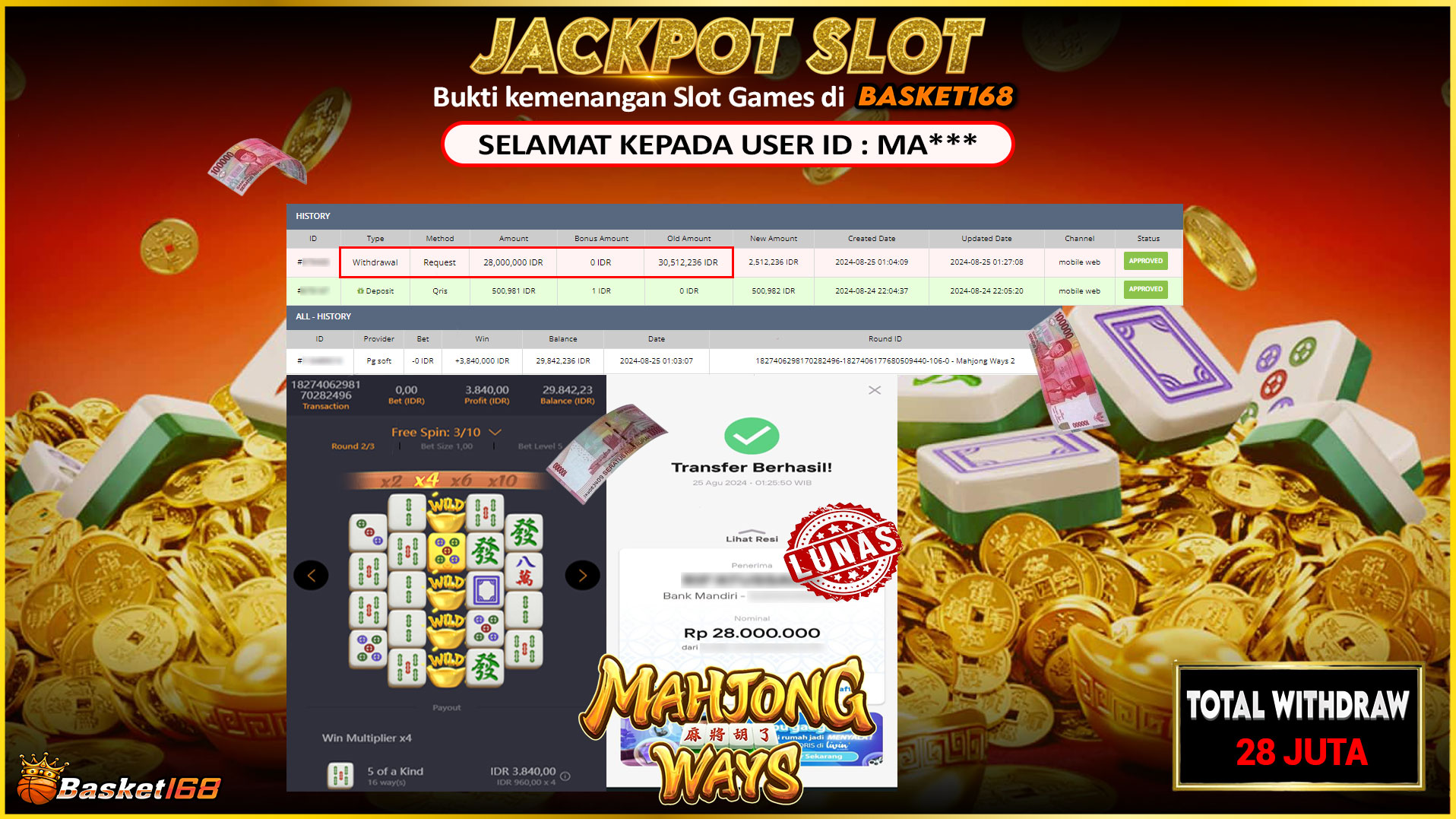BASKET168 JACKPOT SLOT MAHJONG WAYS Rp.28.000.000.,- LUNAS