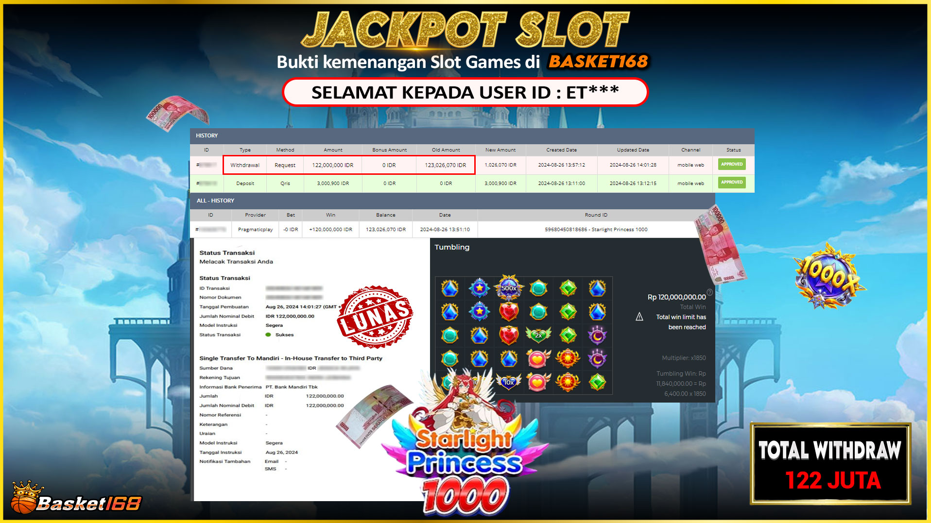 BASKET168 JACKPOT SLOT STARLIGHT PRINCESS 1000 Rp.122.000.000.,- LUNAS