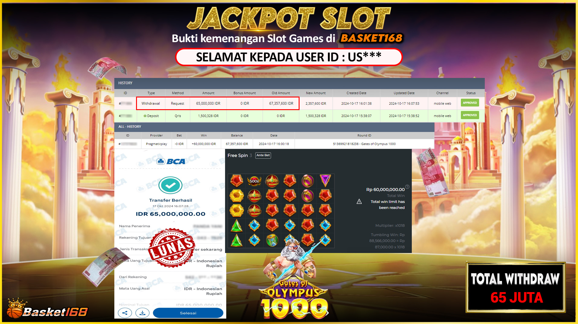 BASKET168 JACKPOT SLOT GATES OF OLYMPUS 1000 Rp.65.000.000,- LUNAS