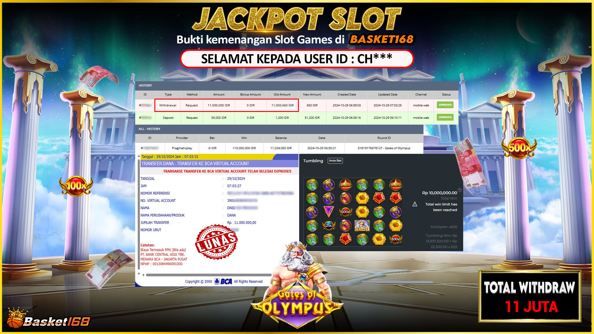 BASKET168 JACKPOT SLOT GATES OF OLYMPUS Rp.11.000.000,- LUNAS