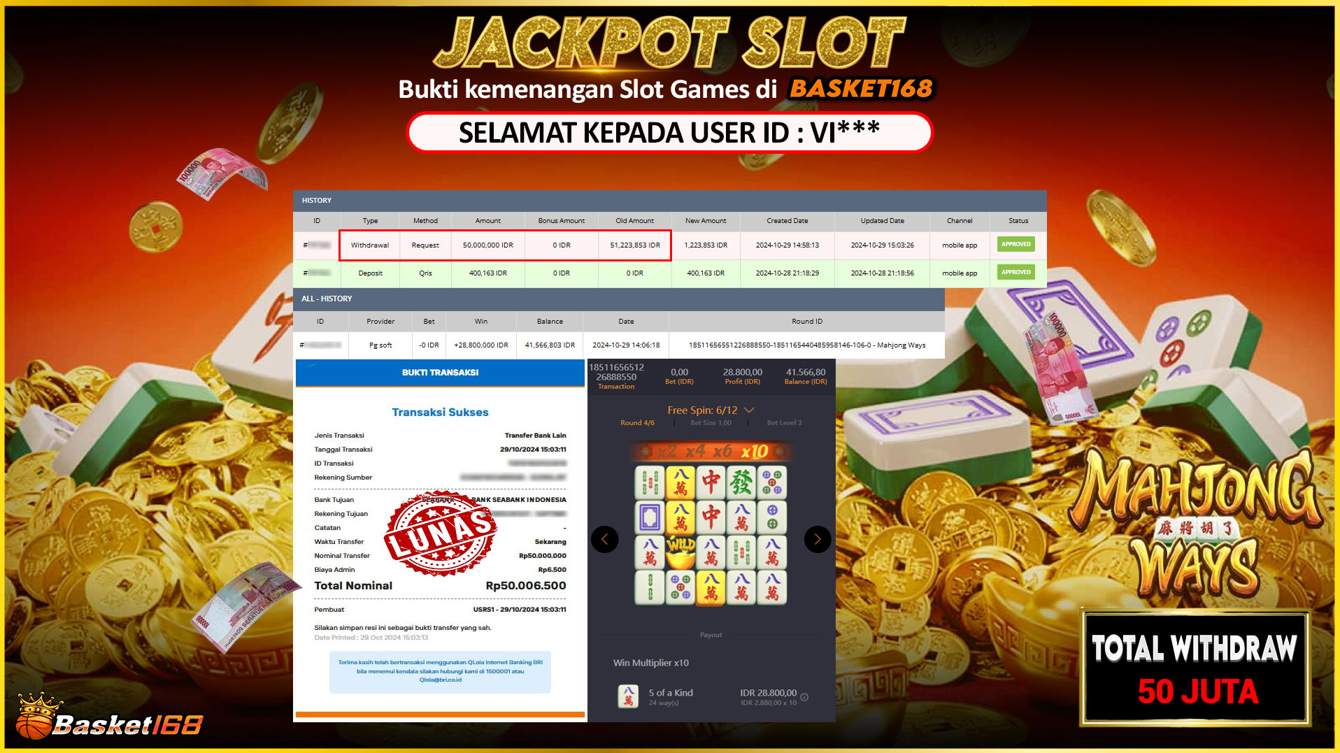 BASKET168 JACKPOT SLOT MAHJONG WAYS Rp.50.000.000,- LUNAS
