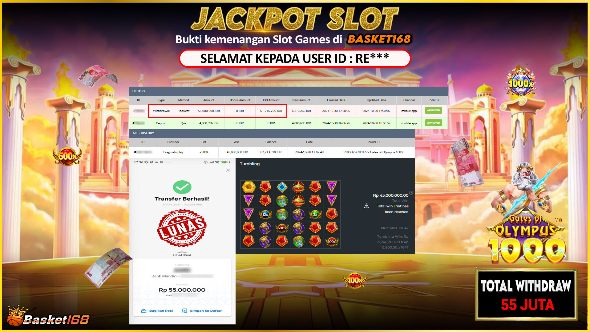 BASKET168 JACKPOT SLOT GATES OF OLYMPUS 1000 Rp.55.000.000,- LUNAS
