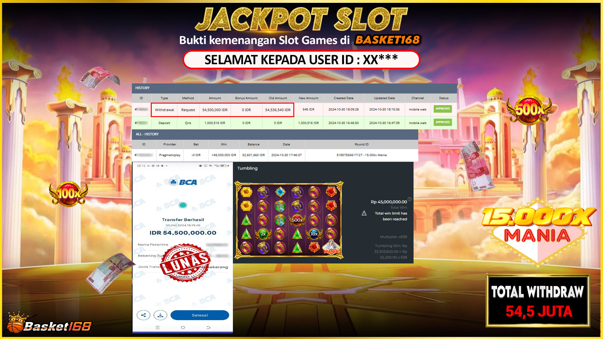 BASKET168 JACKPOT SLOT 15.000X MANIA Rp.54.500.000,- LUNAS