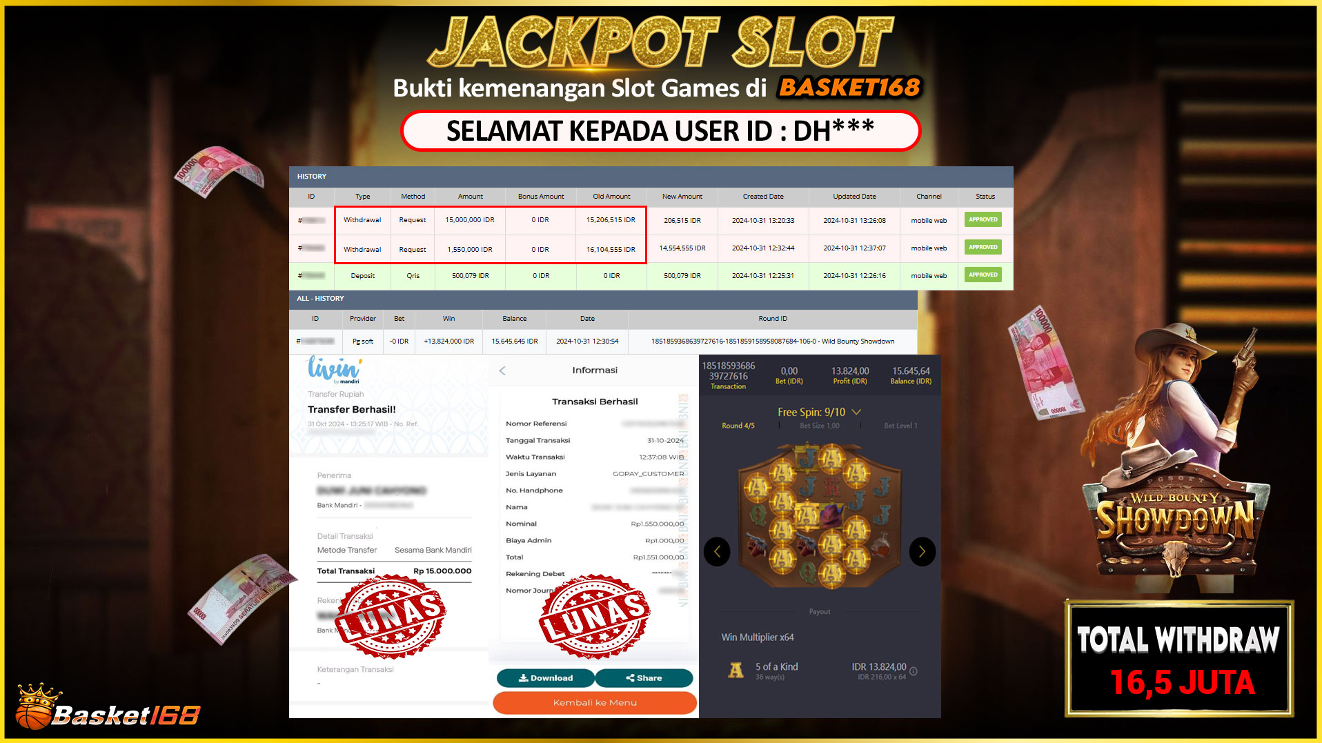 BASKET168 JACKPOT SLOT WILD BOUNTY SHOWDOWN Rp.16.550.000,- LUNAS