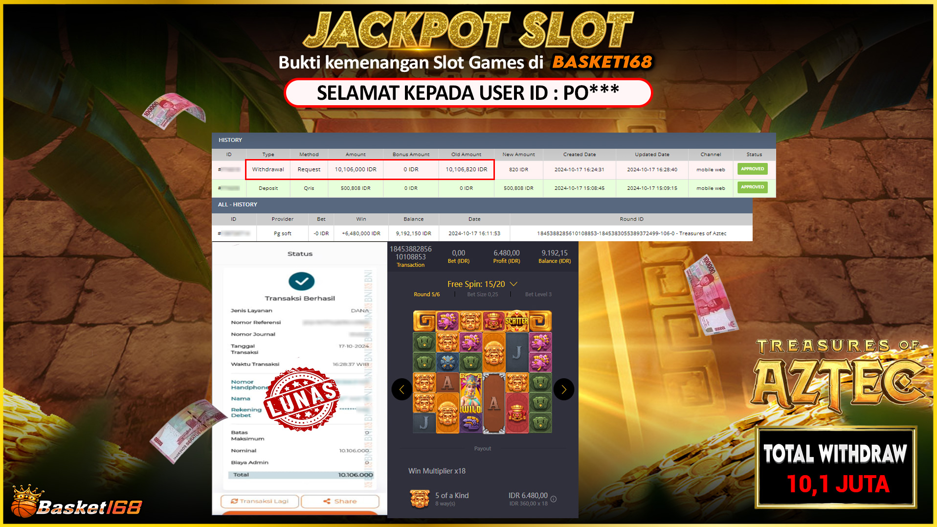 BASKET168 JACKPOT SLOT TREASURES OF AZTEC Rp.10.106.000,- LUNAS