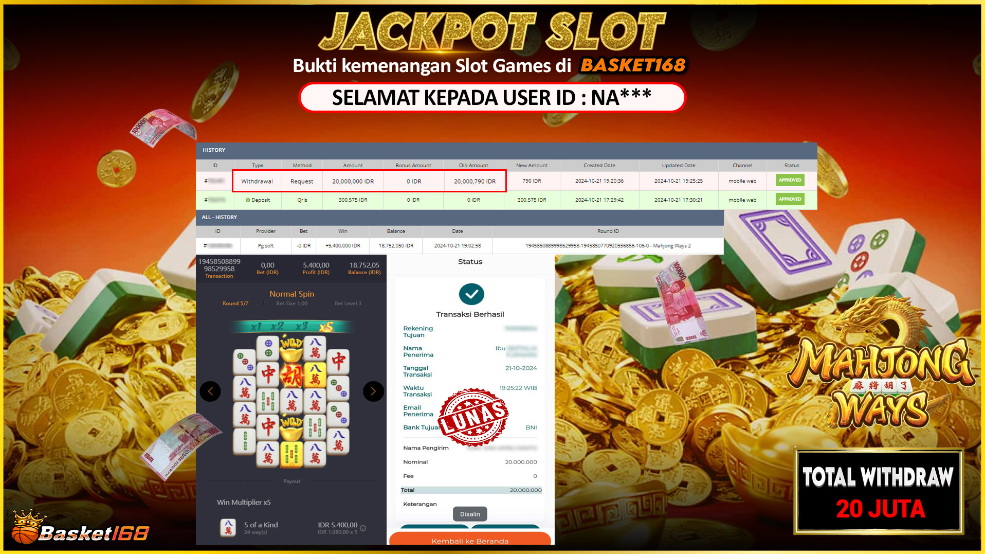 BASKET168 JACKPOT SLOT MAHJONG WAYS Rp.20.000.000,- LUNAS