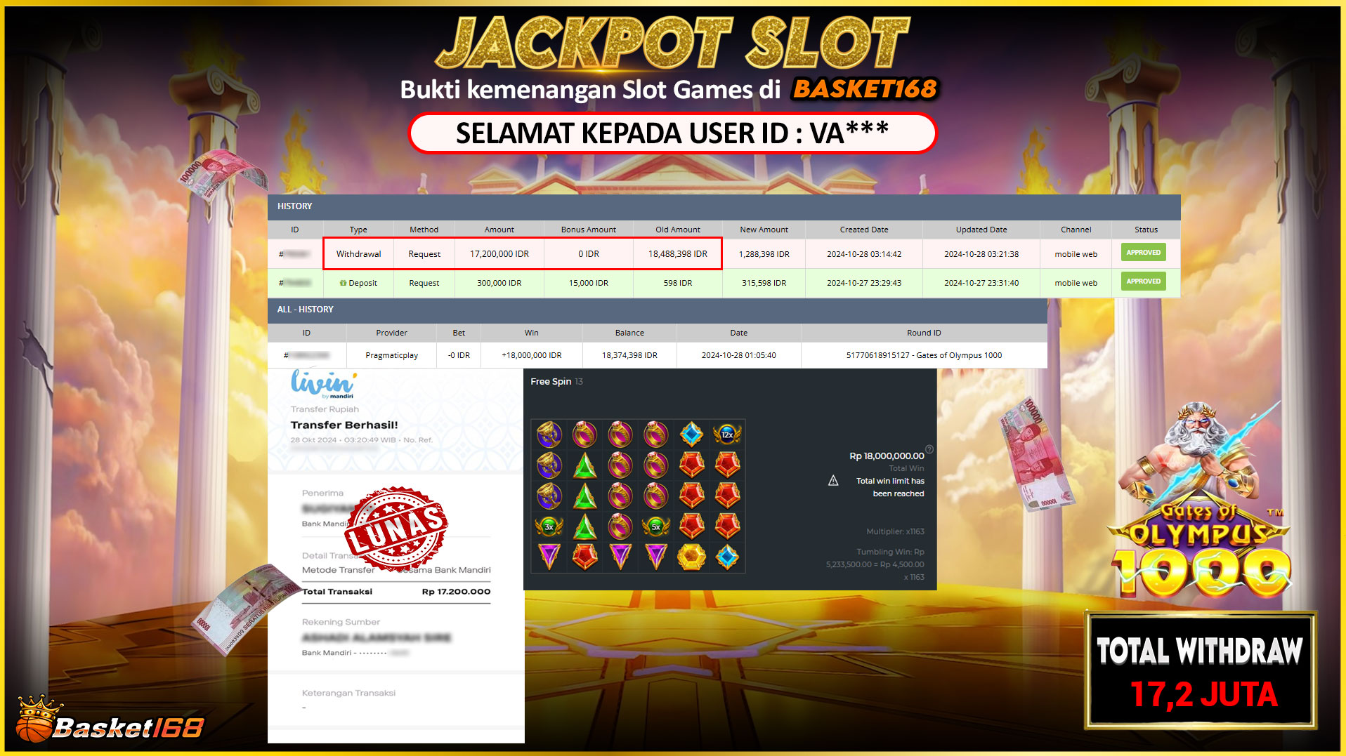 BASKET168 JACKPOT SLOT GATES OF OLYMPUS 1000 Rp.17.200.000,- LUNAS