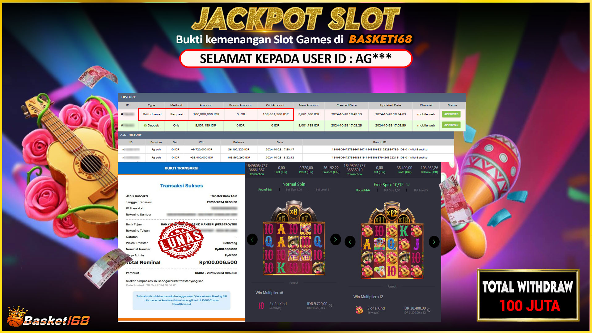 BASKET168 JACKPOT SLOT WILD BANDITO Rp.100.000.000,- LUNAS