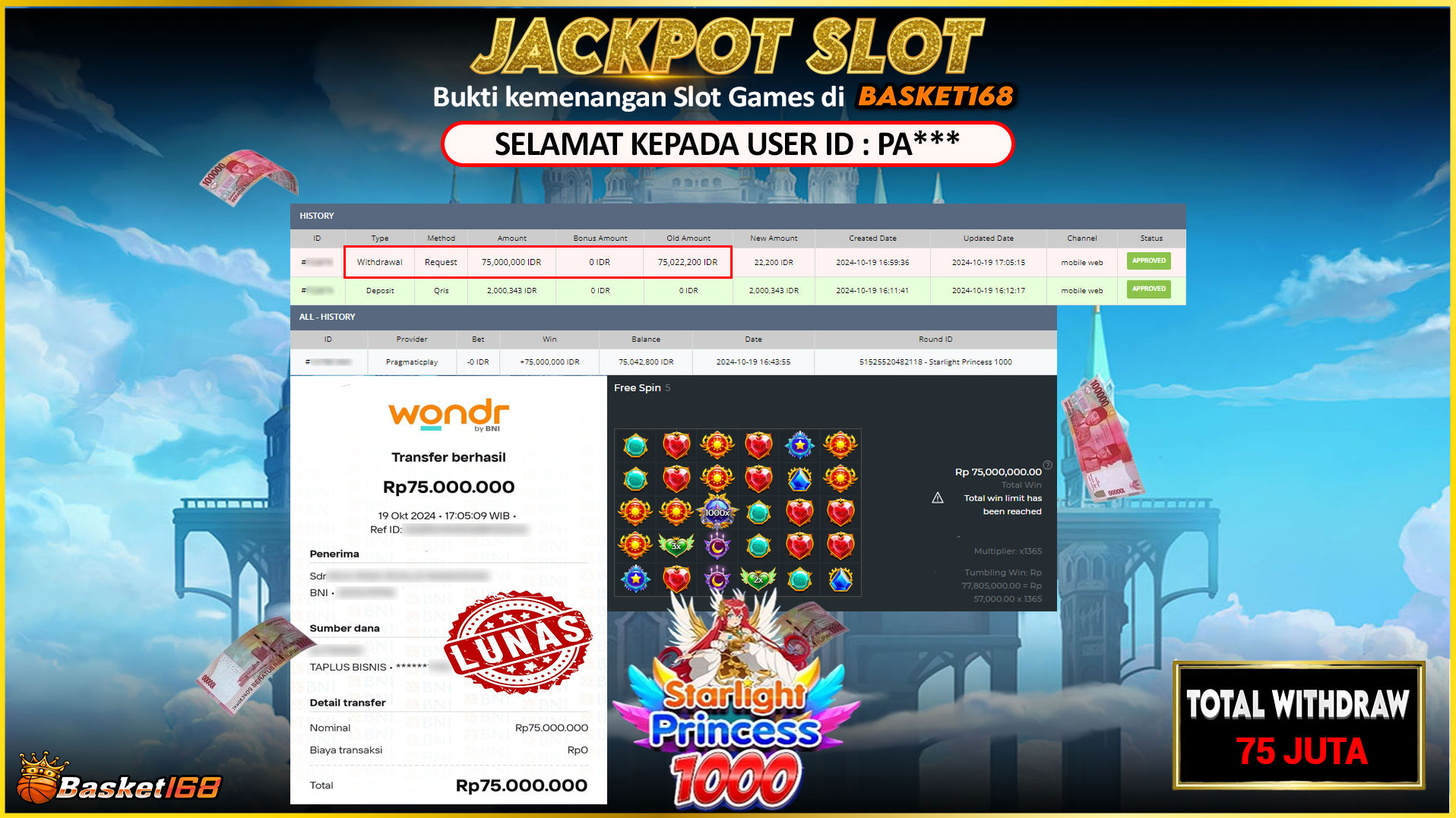 BASKET168 JACKPOT SLOT STARLIGHT PRINCESS 1000 Rp.75.000.000,- LUNAS