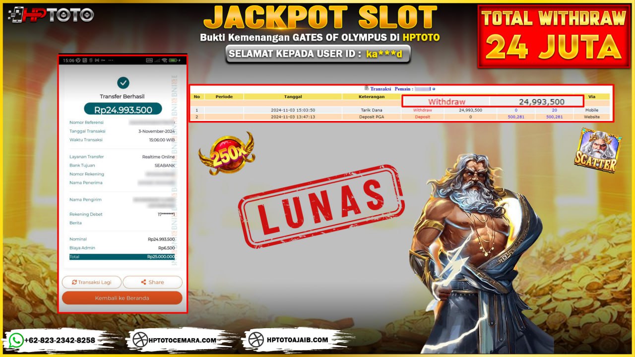  HPTOTO JACKPOT  GATES OF OLYMPUS  RP. 24.993.500,- LUNAS