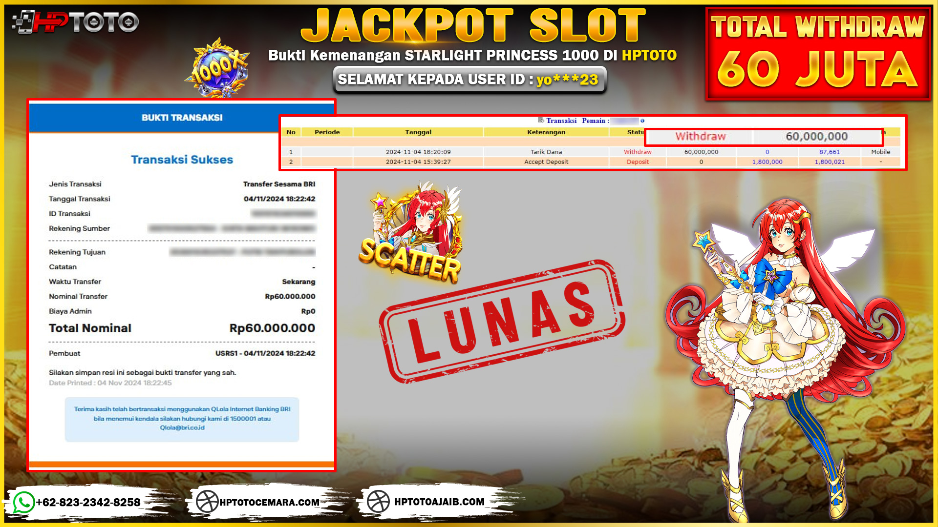  HPTOTO JACKPOT  STARLIGHT PRINCESS 1000  RP. 60.000.000,- LUNAS