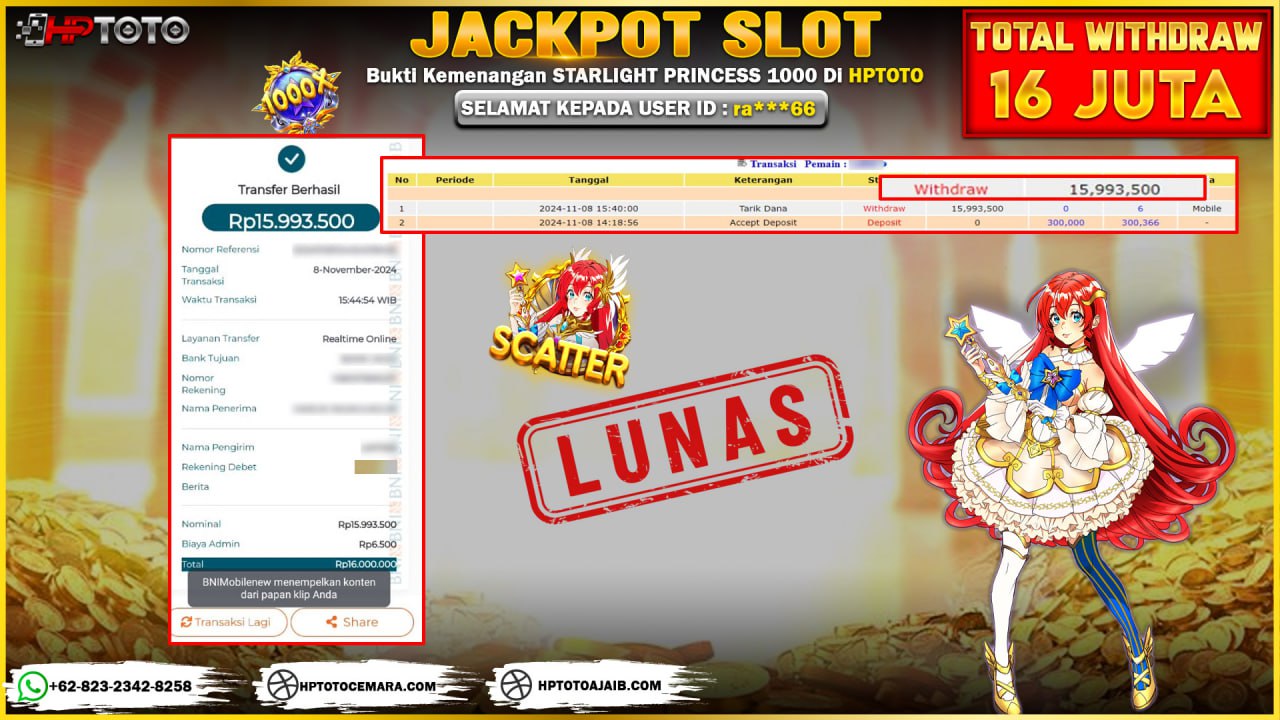  HPTOTO JACKPOT  STARLIGHT PRINCESS 1000  RP. 15.993.500,- LUNAS