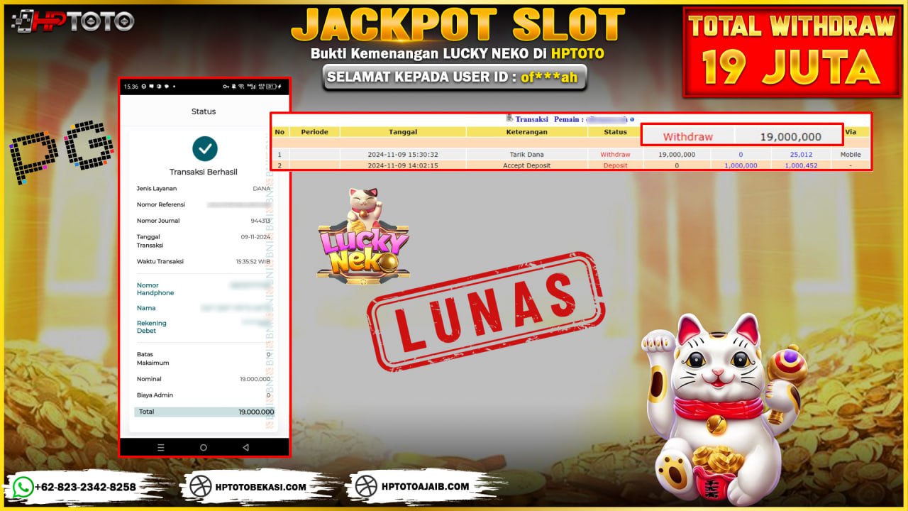  HPTOTO JACKPOT  LUCKY NEKO  RP. 19.000.000,- LUNAS