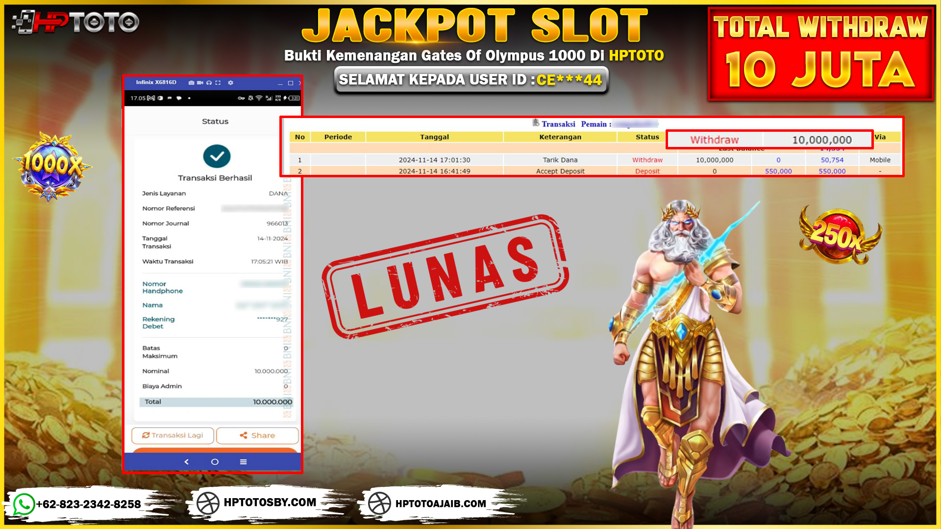  HPTOTO JACKPOT GATES OF OLYMPUS 1000  RP. 10.000.000,- LUNAS