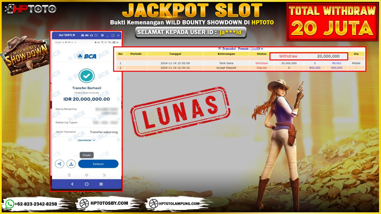  HPTOTO JACKPOT WILD BOUNTY SHOWDOWN  RP. 20.000.000,- LUNAS