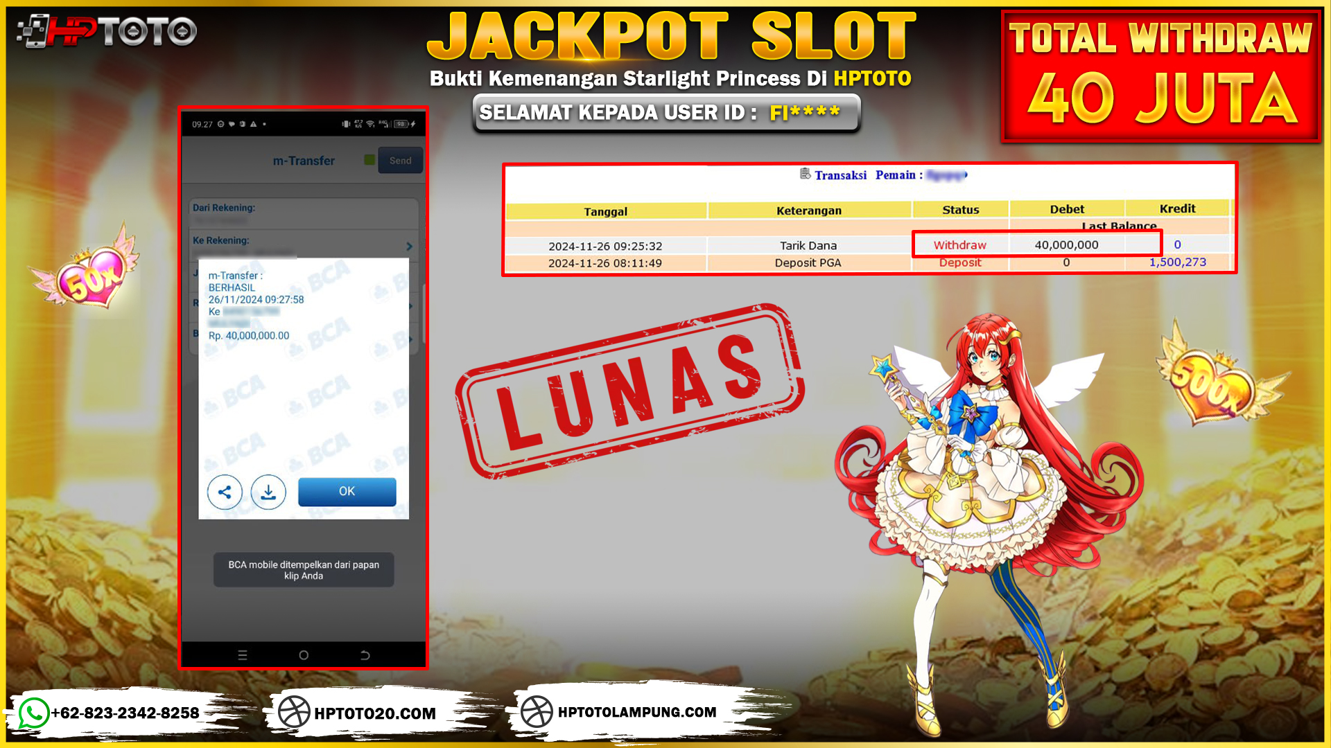  HPTOTO JACKPOT STARLIGHT PRINCESS  RP. 40.000.000,- LUNAS