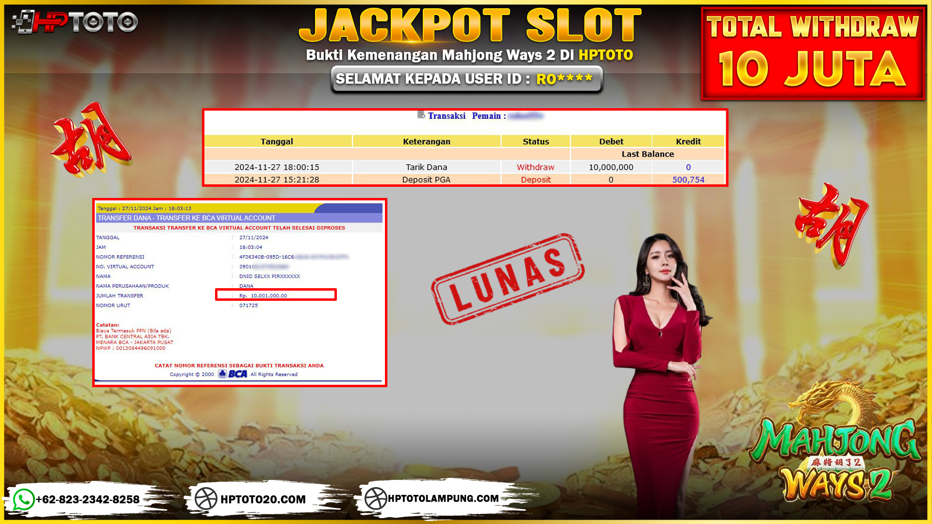  HPTOTO JACKPOT MAHJONG WAYS 2 RP. 10.000.000,- LUNAS