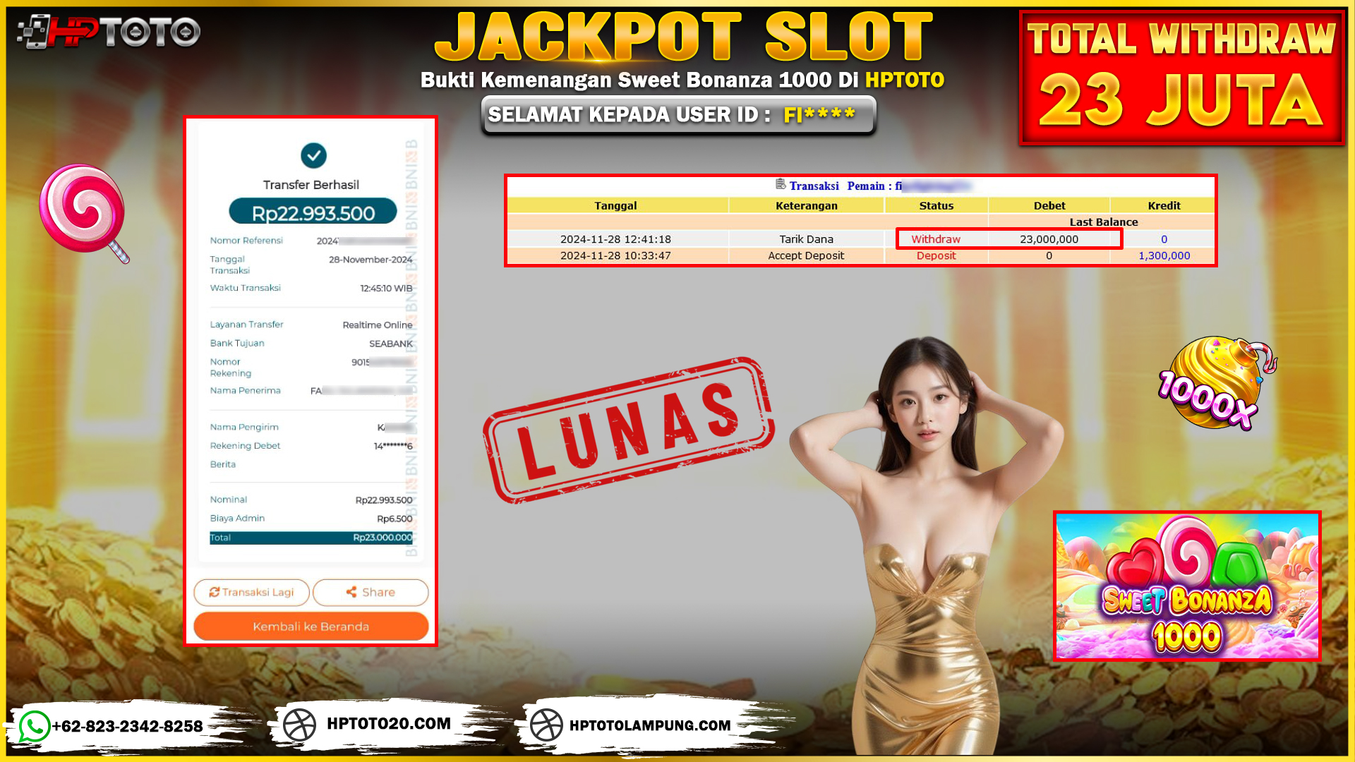  HPTOTO JACKPOT SWEET BONANZA 1000 RP. 23.000.000,- LUNAS
