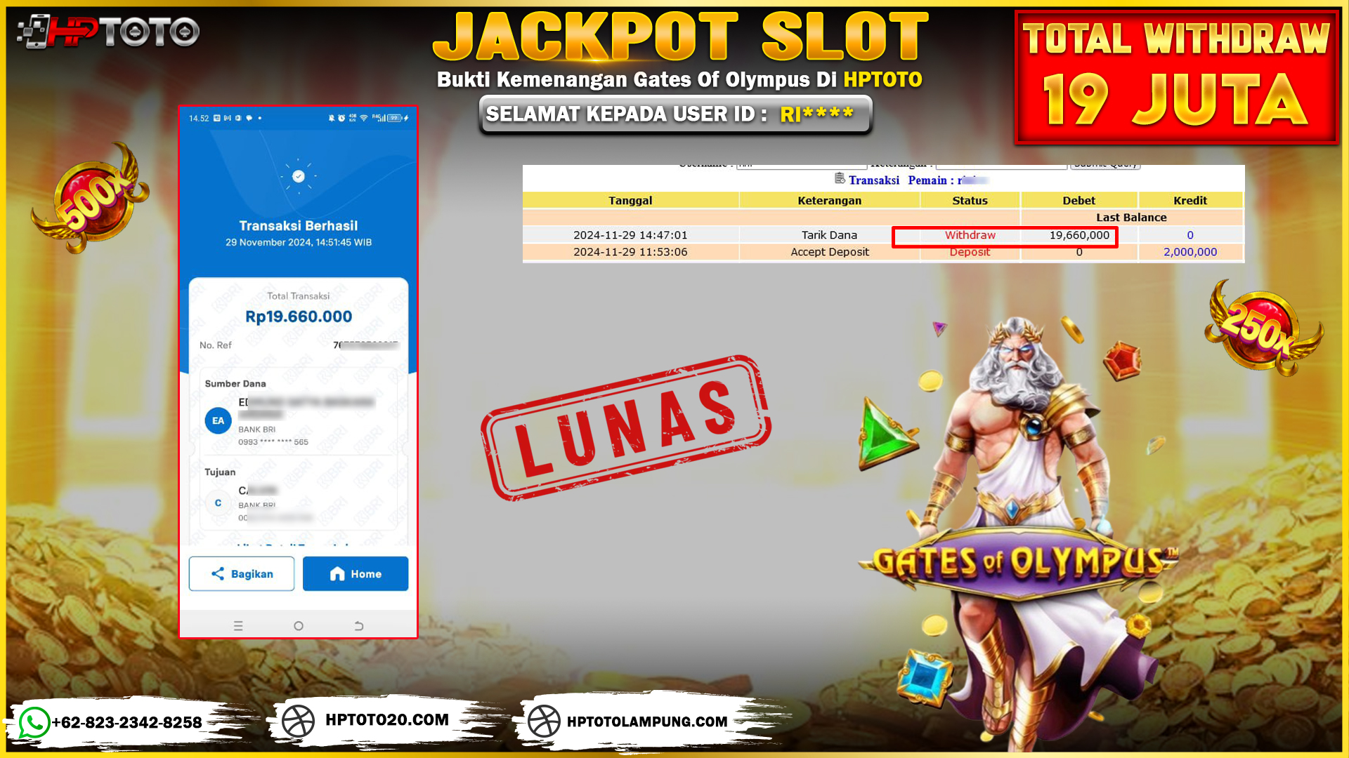  HPTOTO JACKPOT GATES OF OLYMPUS  RP. 19.660.000,- LUNAS