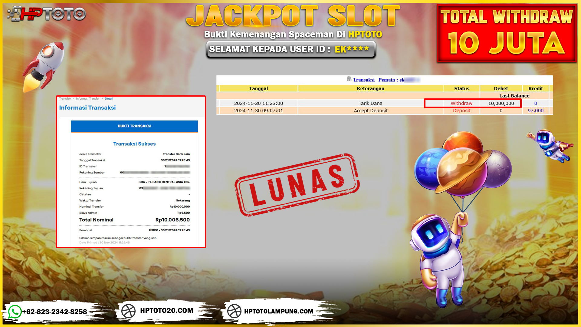  HPTOTO JACKPOT SPACEMAN RP. 10.000.000,- LUNAS