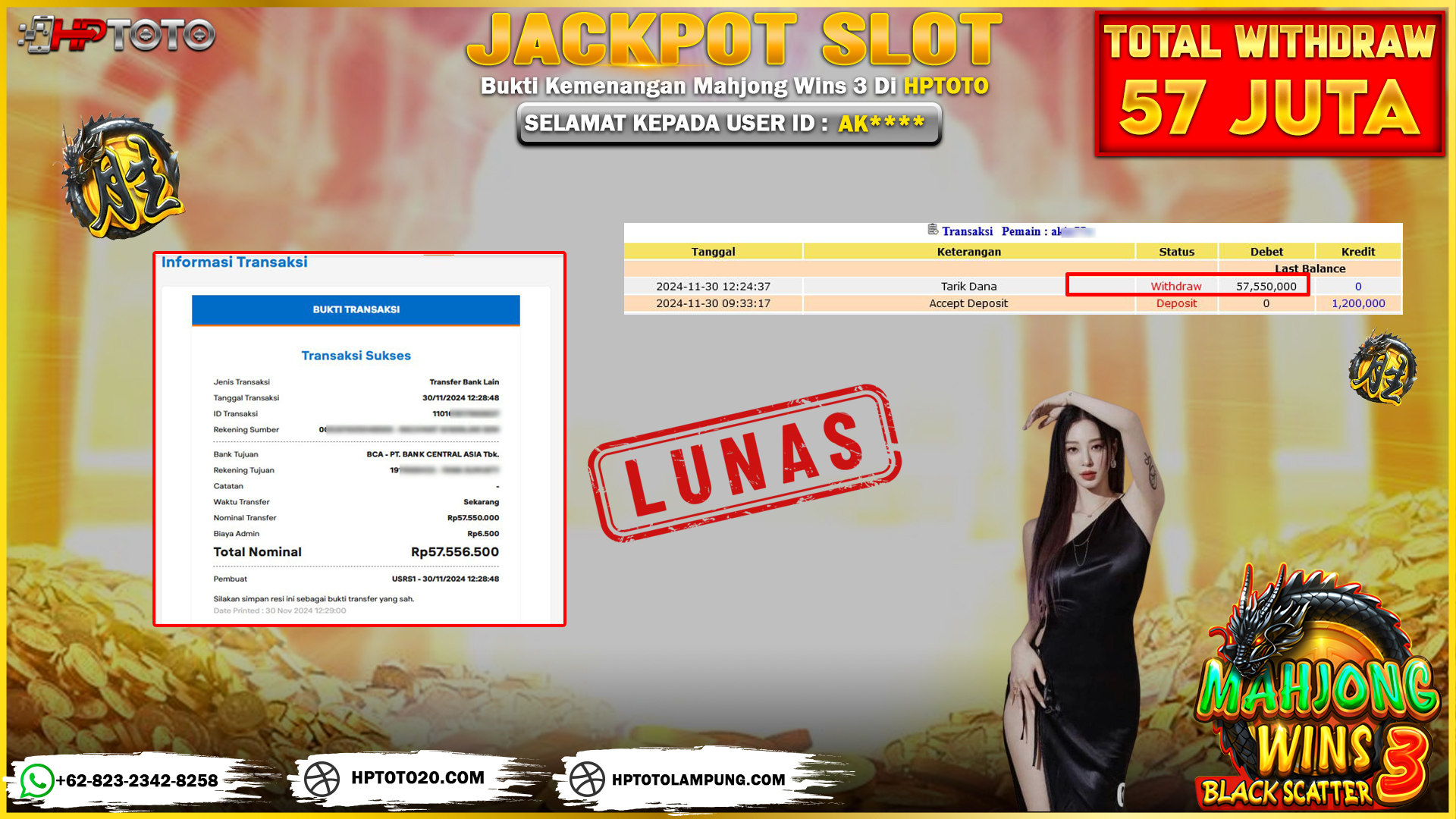  HPTOTO JACKPOT MAHJONG WINS 3 RP. 57.550.000,- LUNAS