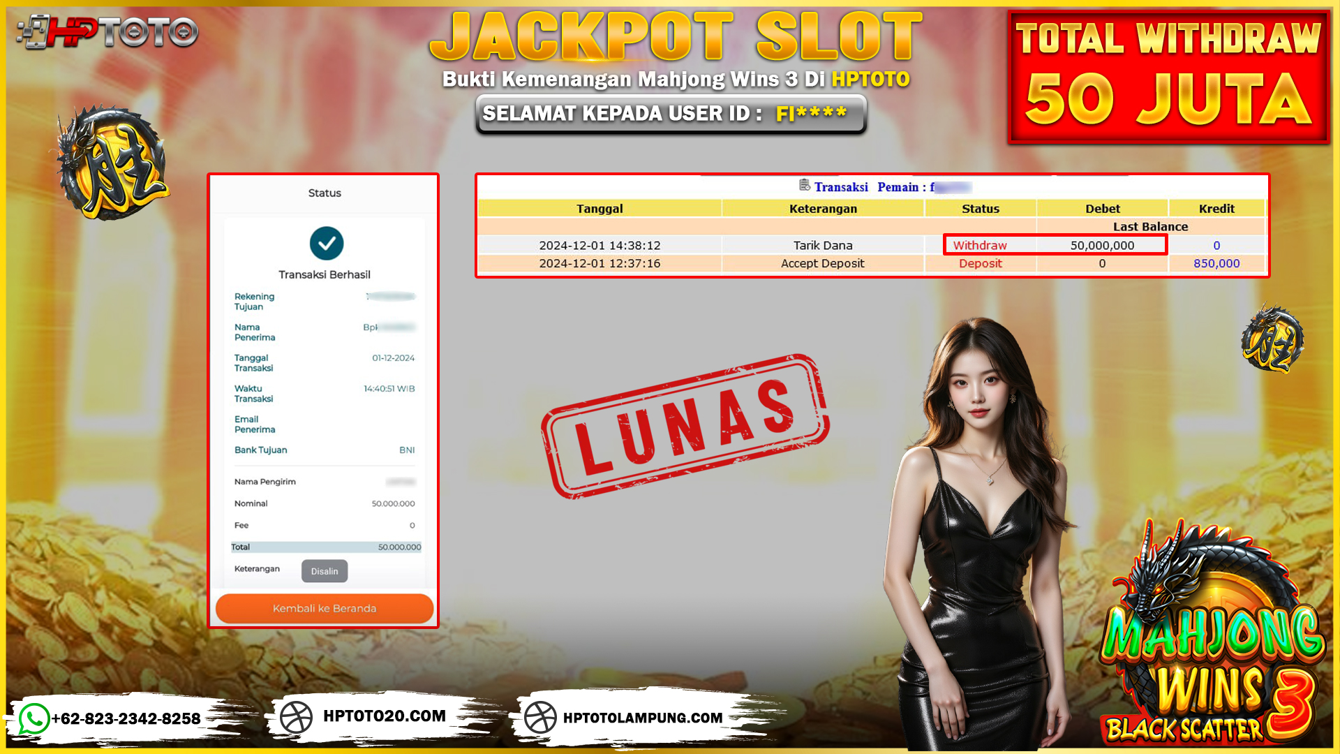  HPTOTO JACKPOT MAHJONG WINS 3 RP. 50.000.000,- LUNAS