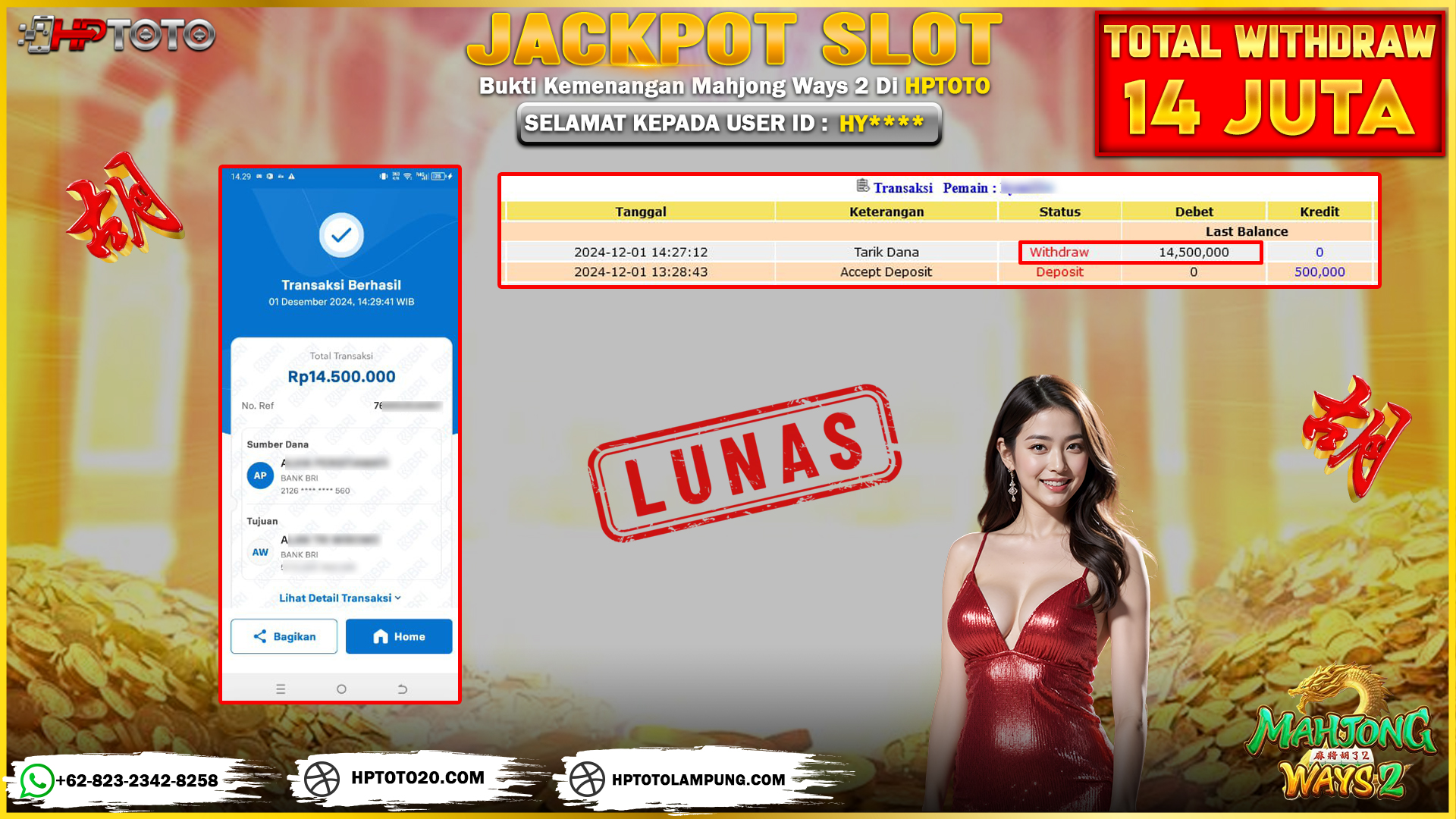  HPTOTO JACKPOT MAHJONG WAYS 2 RP. 14.500.000,- LUNAS