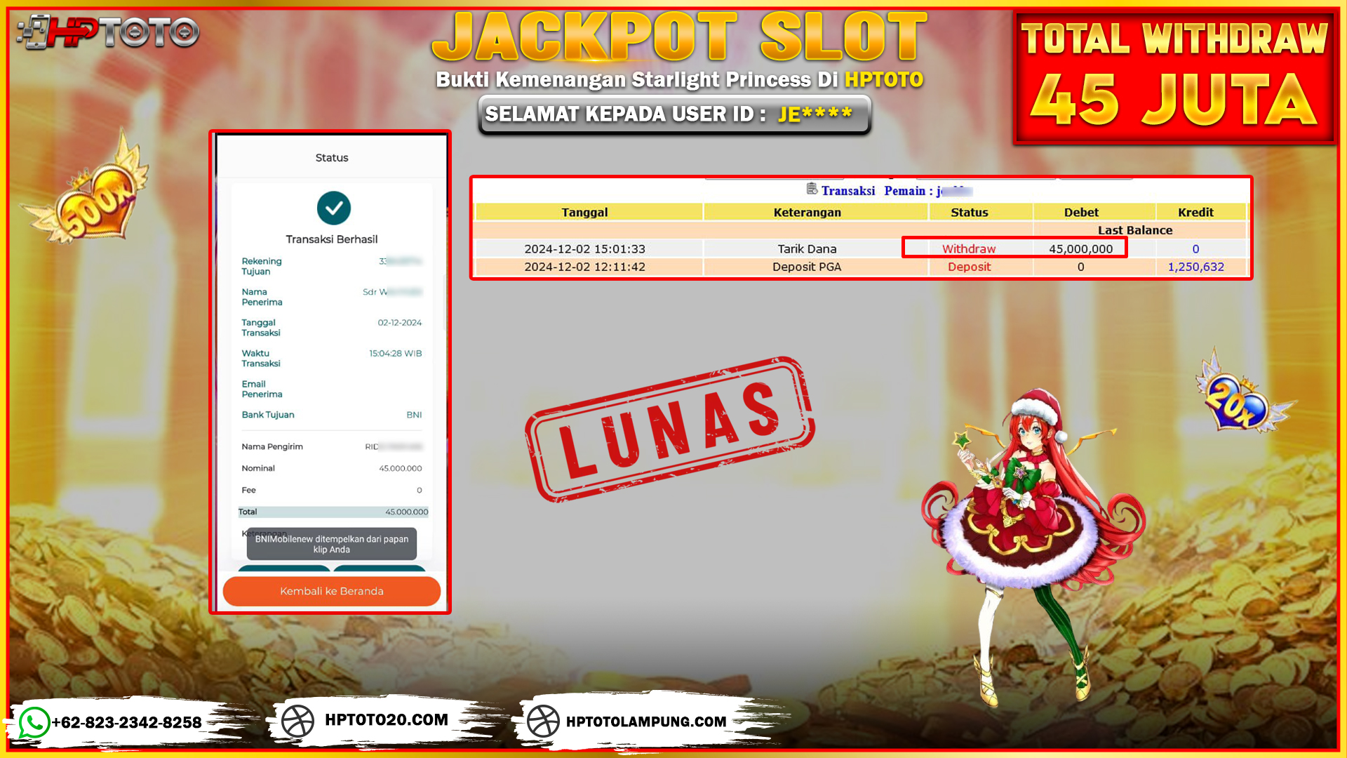  HPTOTO JACKPOT STARLIGHT PRINCESS  RP. 45.000.000,- LUNAS