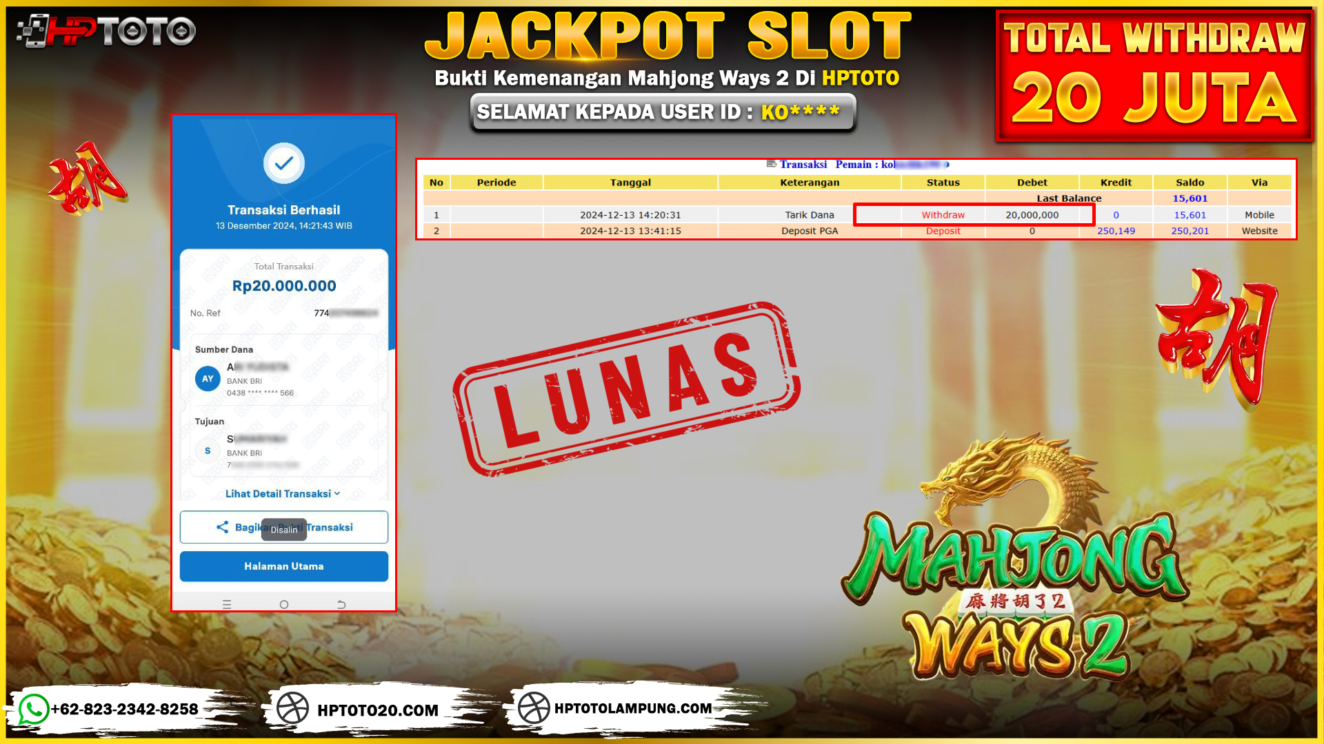  HPTOTO JACKPOT MAHJONG WAYS 2  RP. 20.000.000,- LUNAS
