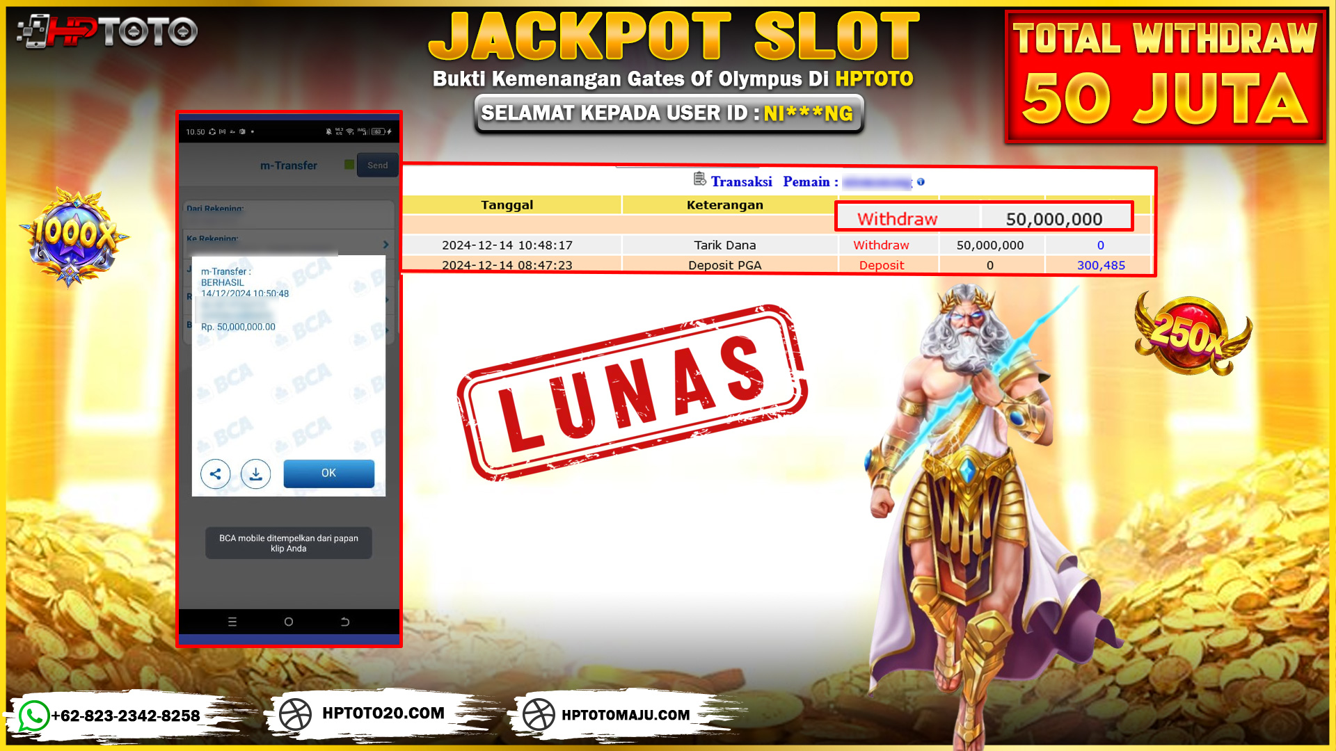  HPTOTO JACKPOT GATES OF OLYMPUS  RP. 50.000.000,- LUNAS